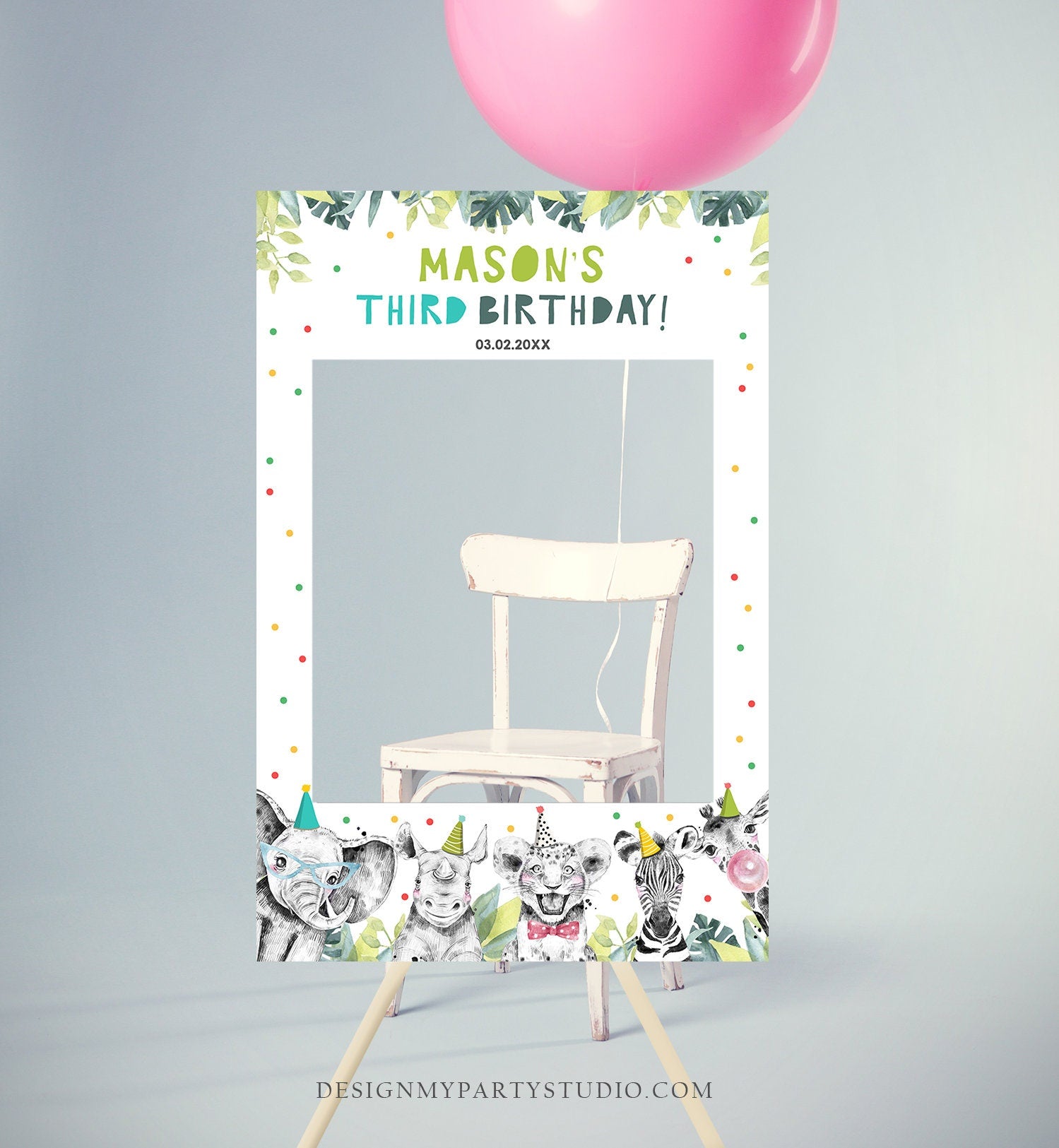 Editable Party Animals Birthday Photo Booth Sign Frame Safari Boy Birthday Wild One Party Photo Poster Decor Digital Template Printable 0322