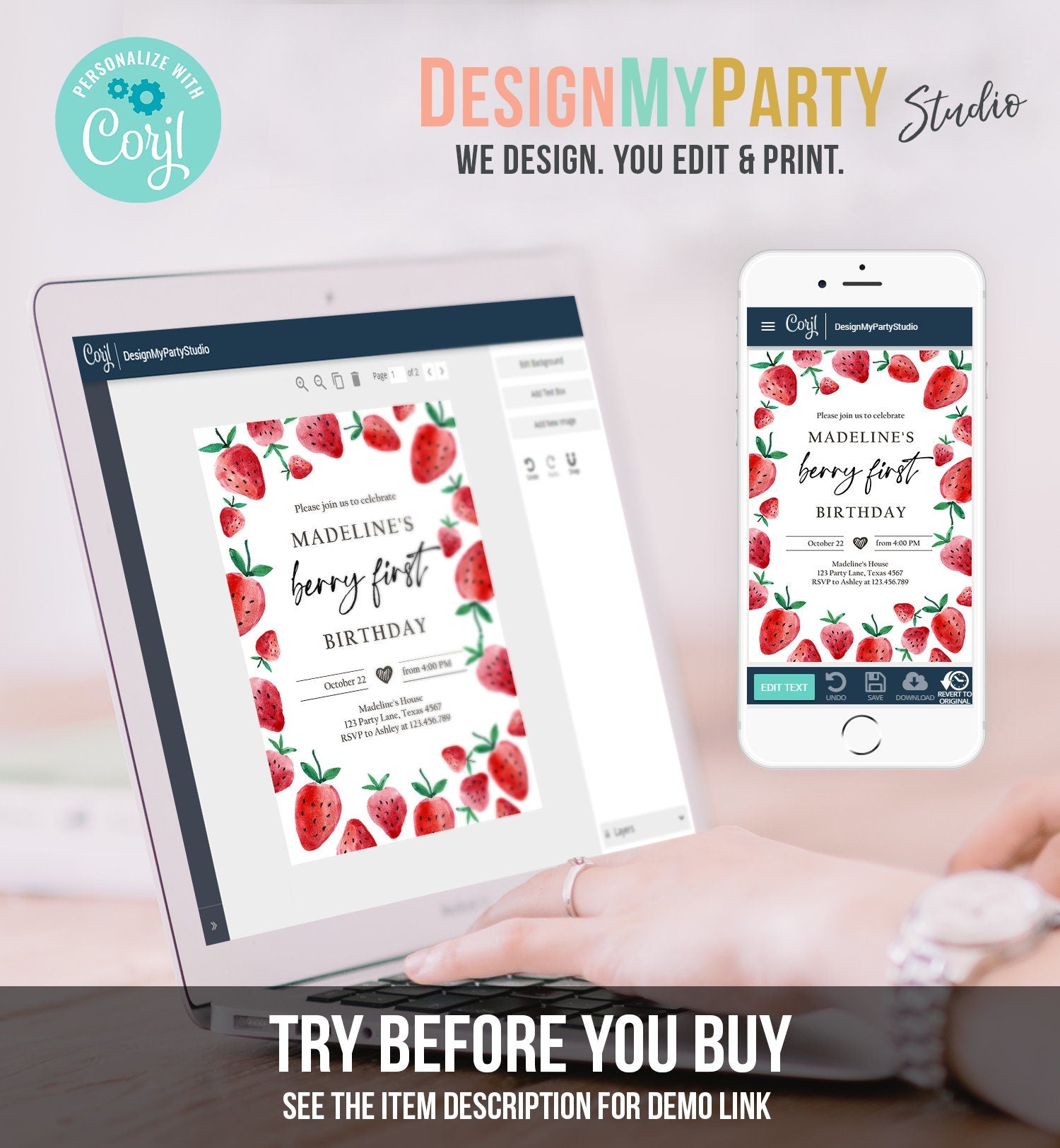 Editable Strawberry Birthday Invitation First Birthday Berry Sweet Girl Cute Strawberries 1st Digital Download Template Printable 0399