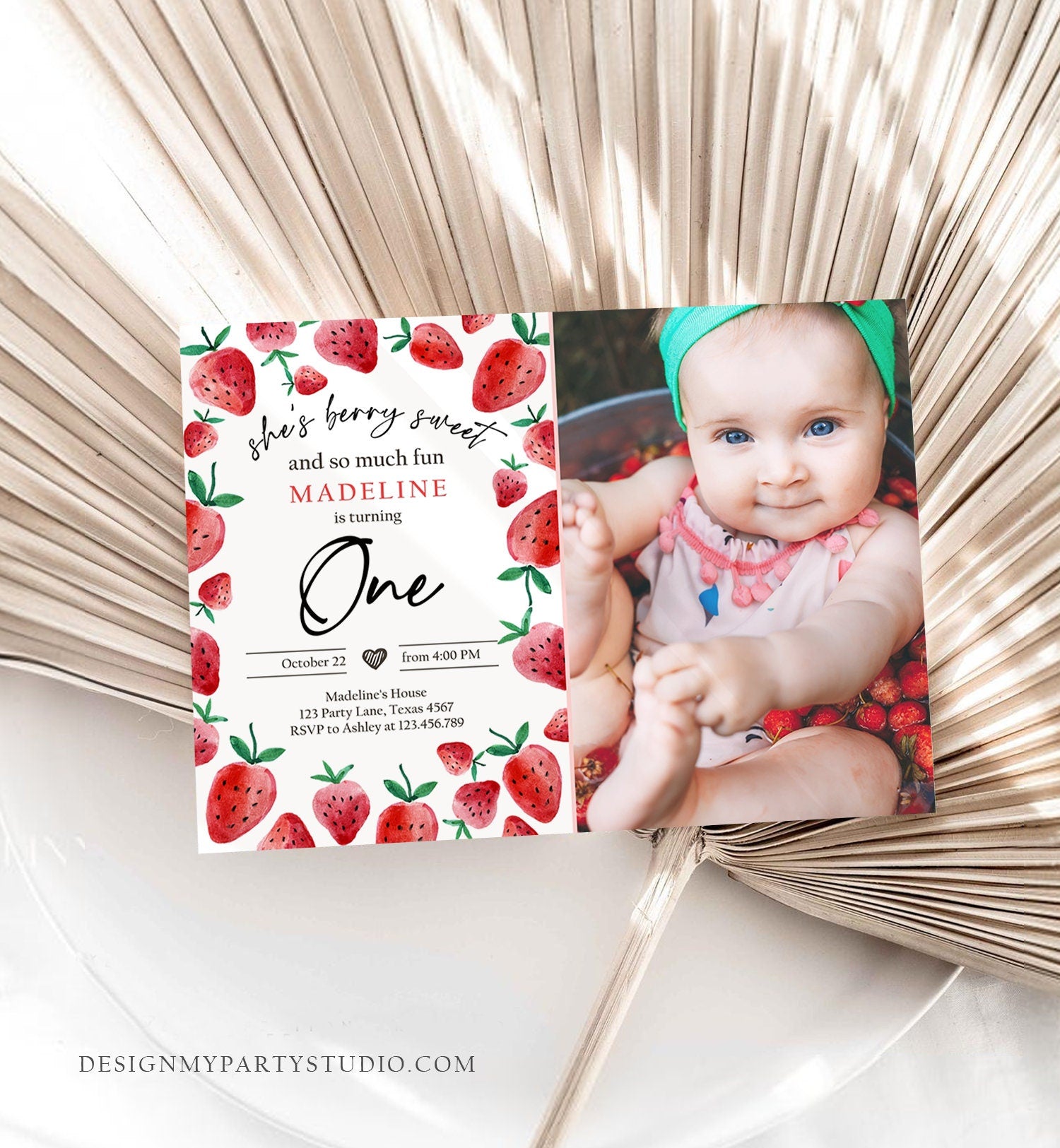 Editable Strawberry Birthday Invitation First Birthday Berry Sweet Girl Cute Strawberries 1st Download Printable Template Corjl Digital 0399