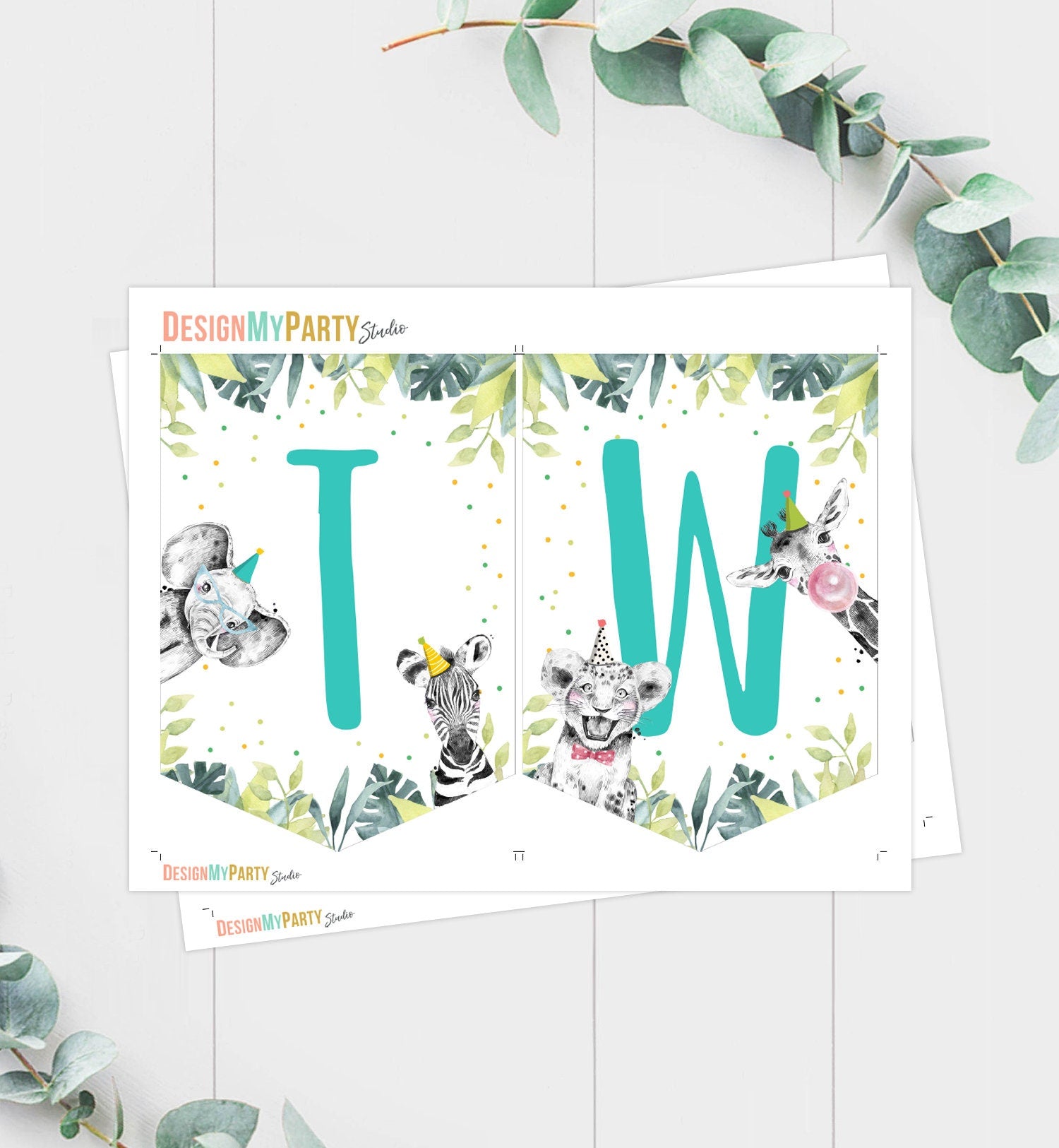 TWO High Chair Banner Safari Animals Blue Party Animals Two Wild Boy Second Birthday 2nd Decor Banner Instant Download Printable 0322
