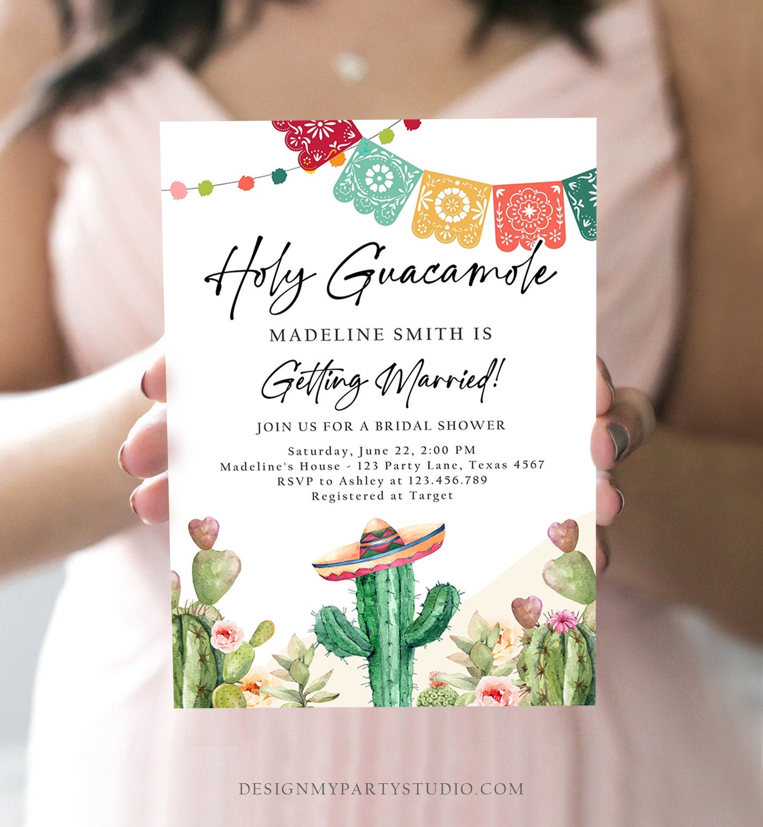 Editable Holy Guacamole Bridal Shower Invitation Couples Fiesta Mexican Watercolor Cactus Succulent Desert Digital Template Printable 0404