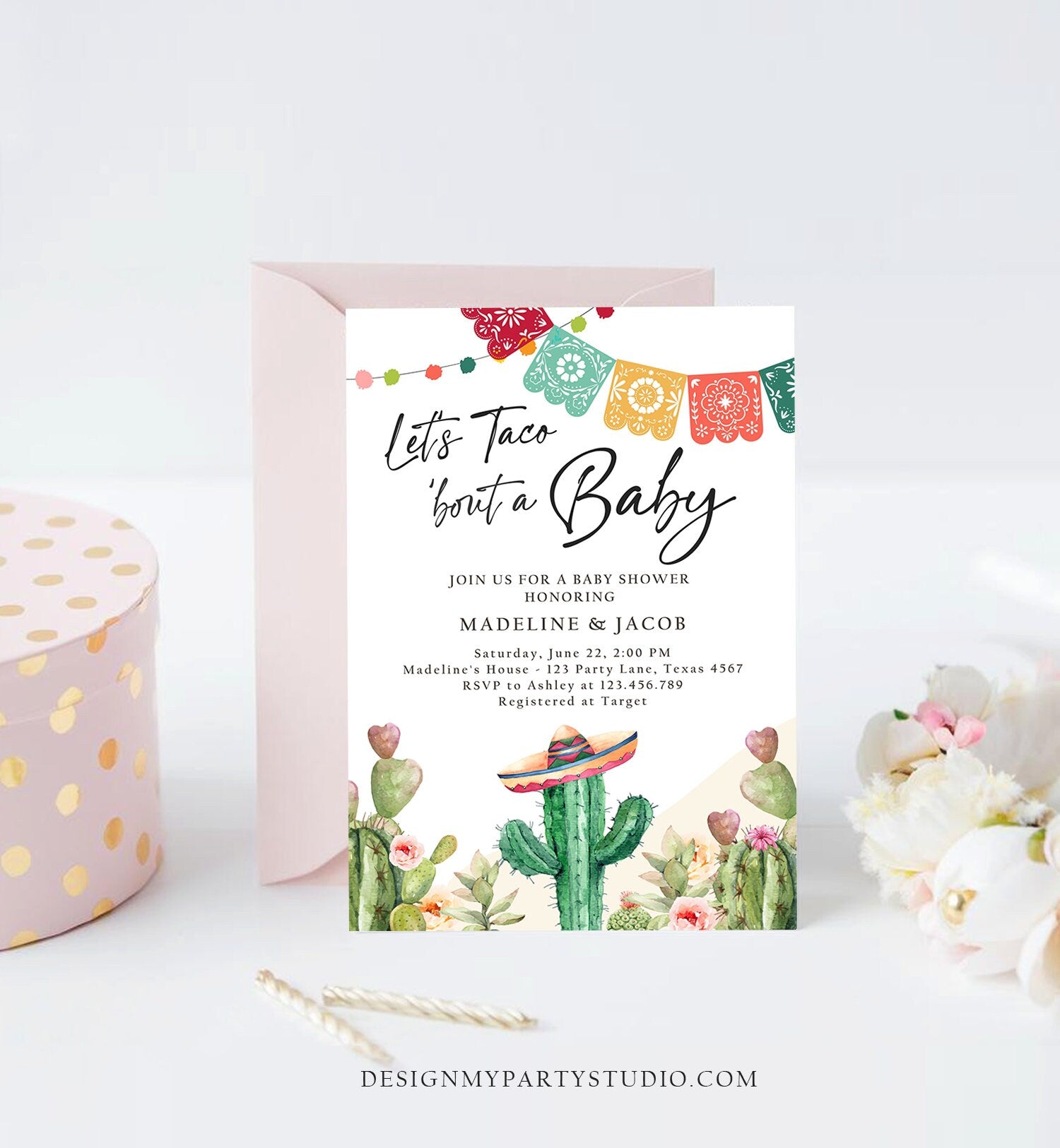 Editable Let's Taco Bout a Baby Shower Invitation Cactus Mexican Fiesta Couples Shower Desert Watercolor Template Corjl Printable 0404