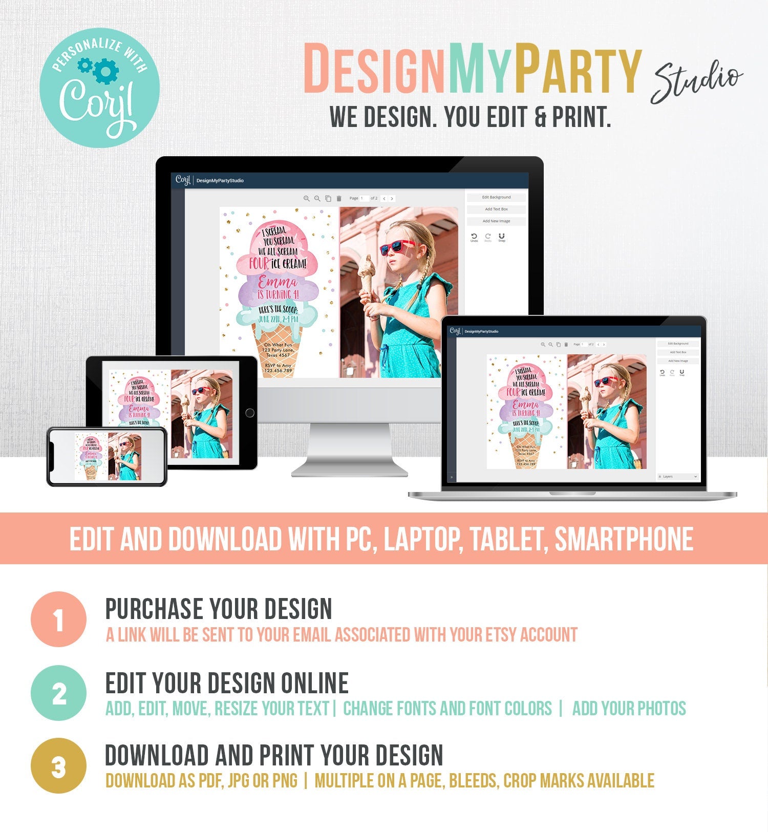 Editable Ice Cream I Scream Birthday Invitation Four Party 4th Here's the Scoop Cone Pink Mint Purple Digital Template Printable 0243