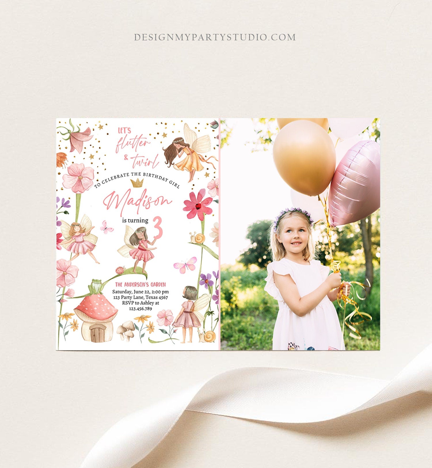 Editable Fairy Princess Birthday Invitation Girl Pink Floral Magical Fairy Party Whimsical Garden Digital Download Template Printable 0406