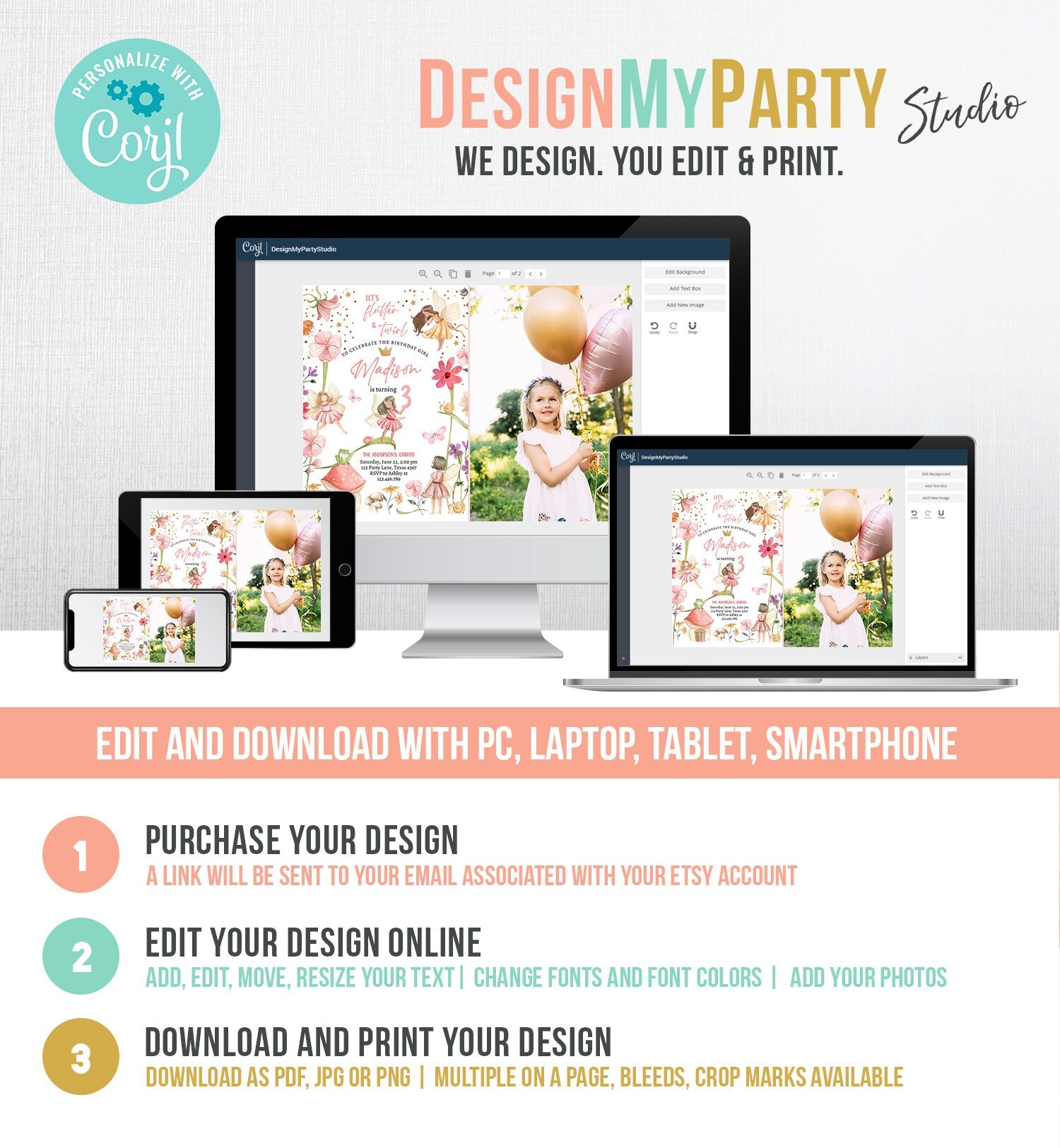 Editable Fairy Princess Birthday Invitation Girl Pink Floral Magical Fairy Party Whimsical Garden Digital Download Template Printable 0406