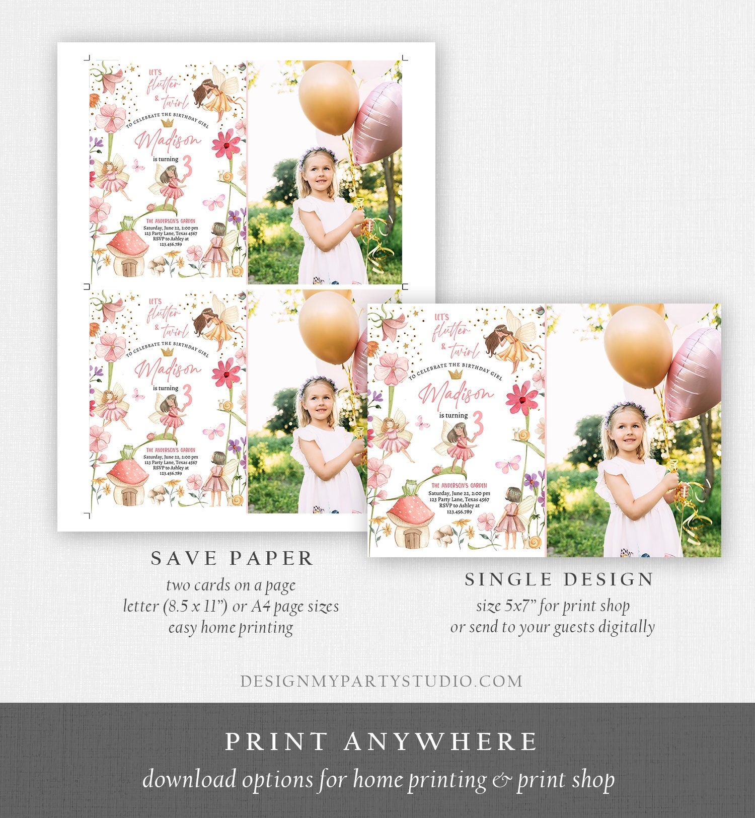Editable Fairy Princess Birthday Invitation Girl Pink Floral Magical Fairy Party Whimsical Garden Digital Download Template Printable 0406