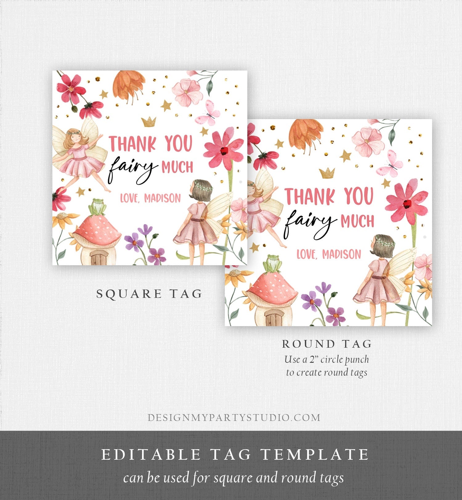 Editable Fairy Favor Tags Enchanted Forest Birthday Thank you tags Label Girl Fairy Garden Stickers Digital Download Template Printable 0406