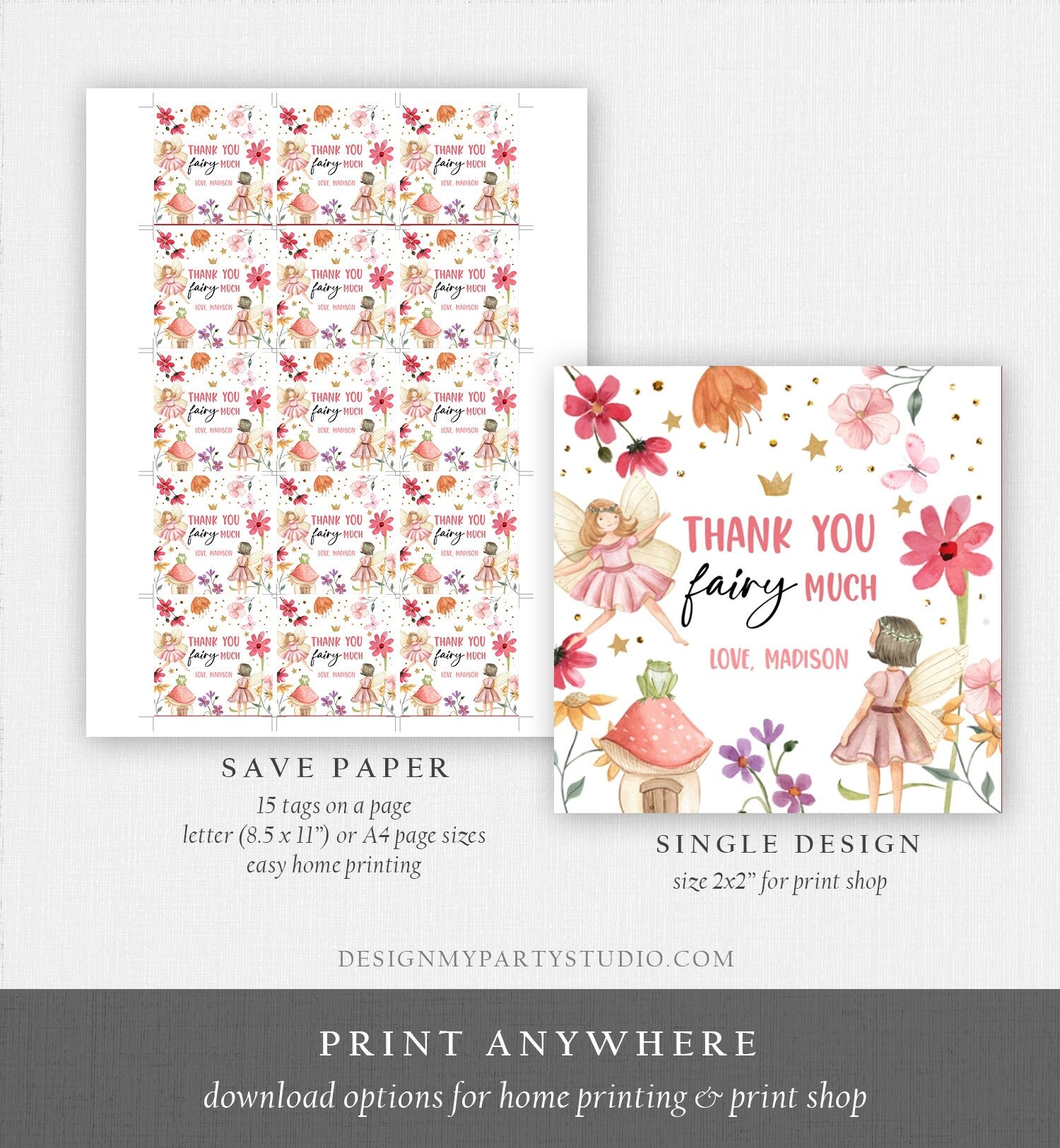 Editable Fairy Favor Tags Enchanted Forest Birthday Thank you tags Label Girl Fairy Garden Stickers Digital Download Template Printable 0406