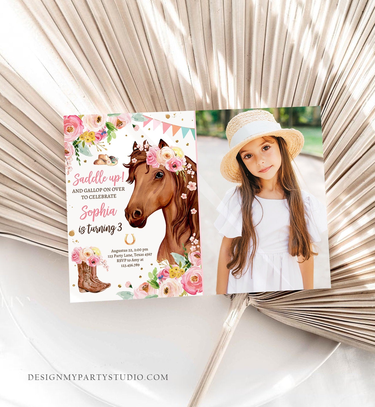 Editable Horse Birthday Invitation Girl Saddle Up Watercolor Cowgirl Party Horse Invite Pink Floral Download Printable Template Corjl 0408