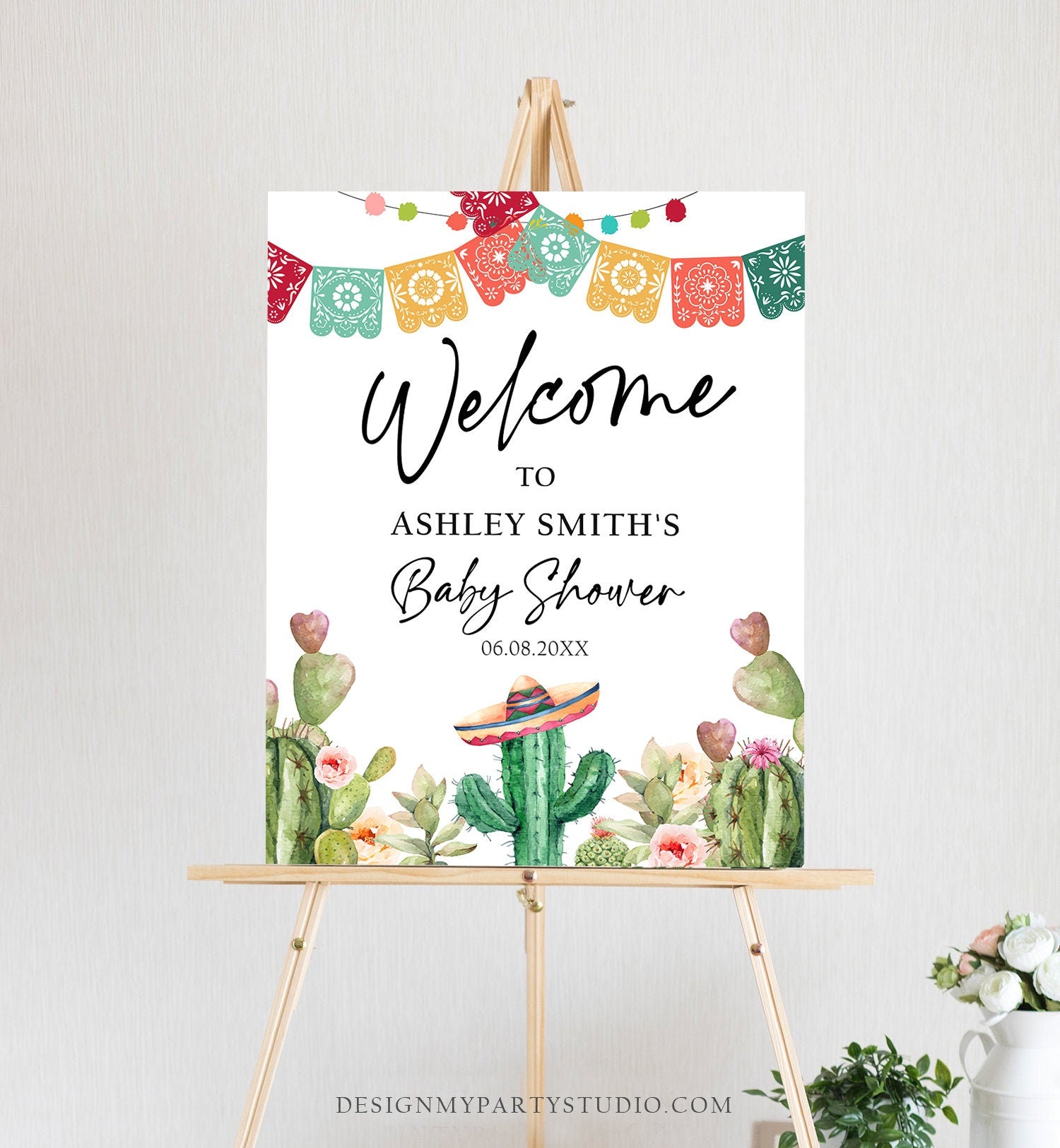 Editable Taco Bout a Baby Welcome Sign Baby Shower Watercolor Cactus Mexican Succulent Couples Table Sign Corjl Template Printable 0404