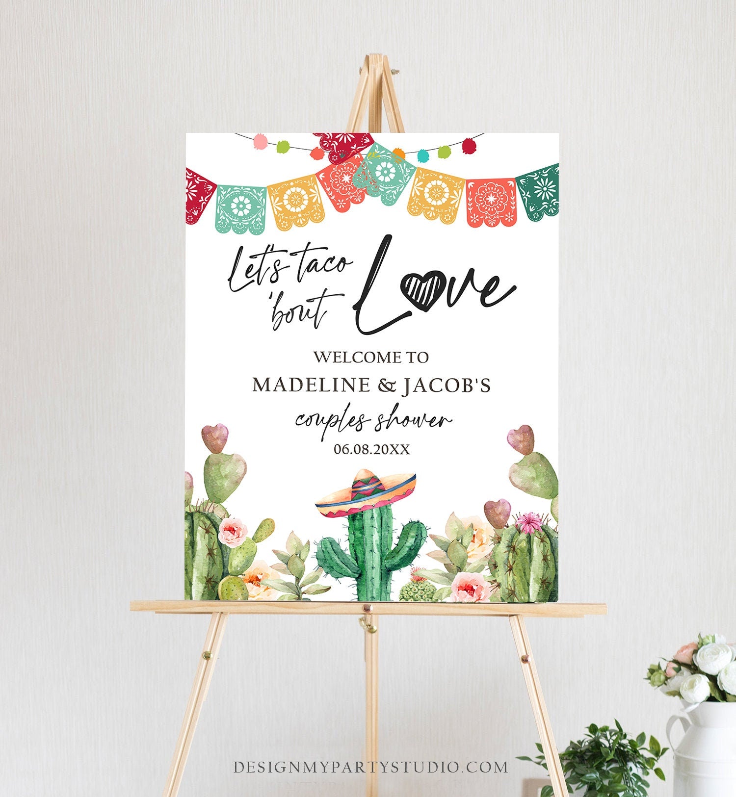 Editable Taco Bout Love Welcome Sign Couples Shower Cactus Mexican Succulent Bridal Shower Wedding Watercolor Corjl Template Printable 0404
