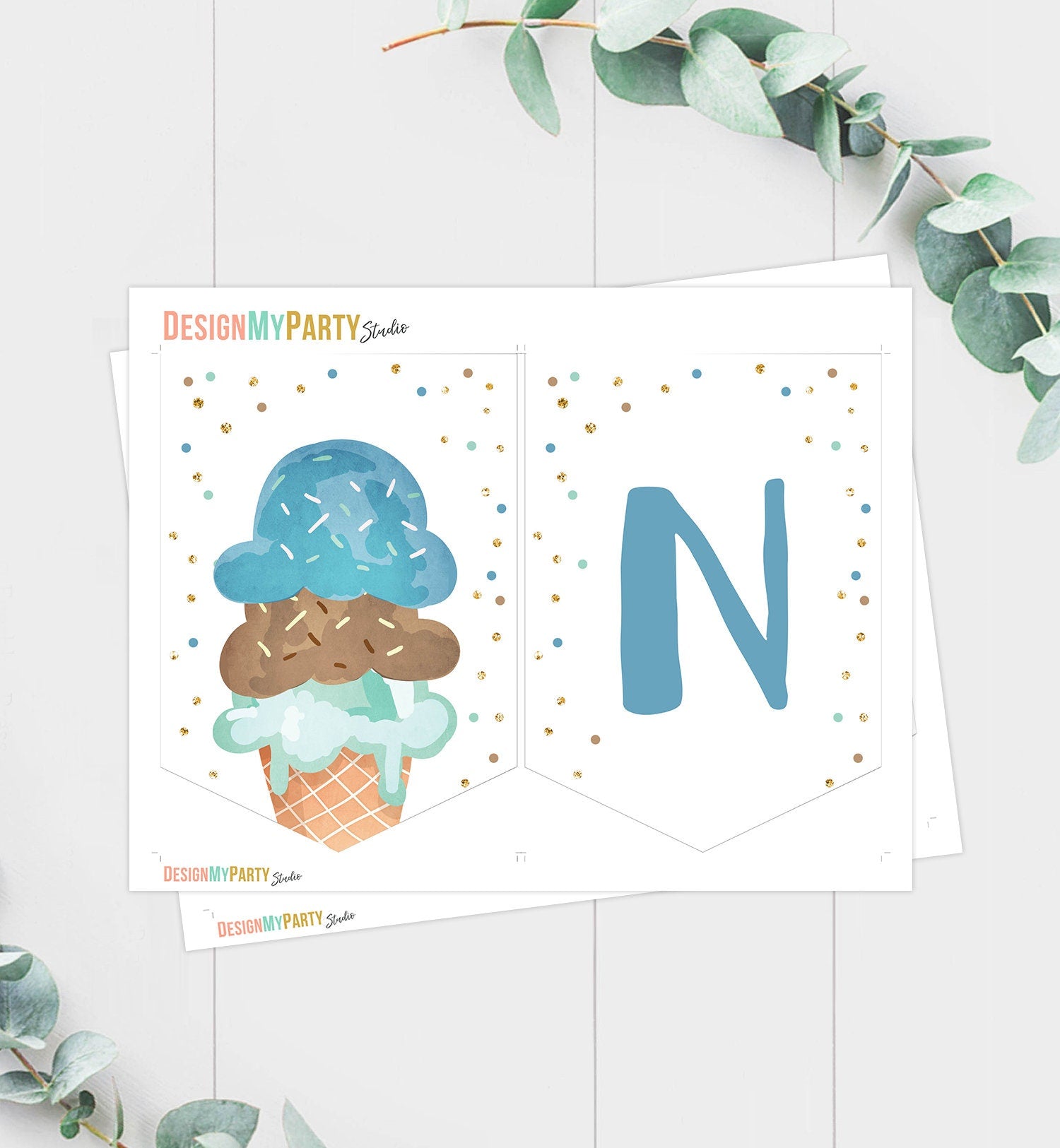 Ice Cream High Chair Banner Blue Mint Boy Ice Cream 1st First Birthday Boy High Chair ONE Banner Party Summer Scoop Printable Digital 0243