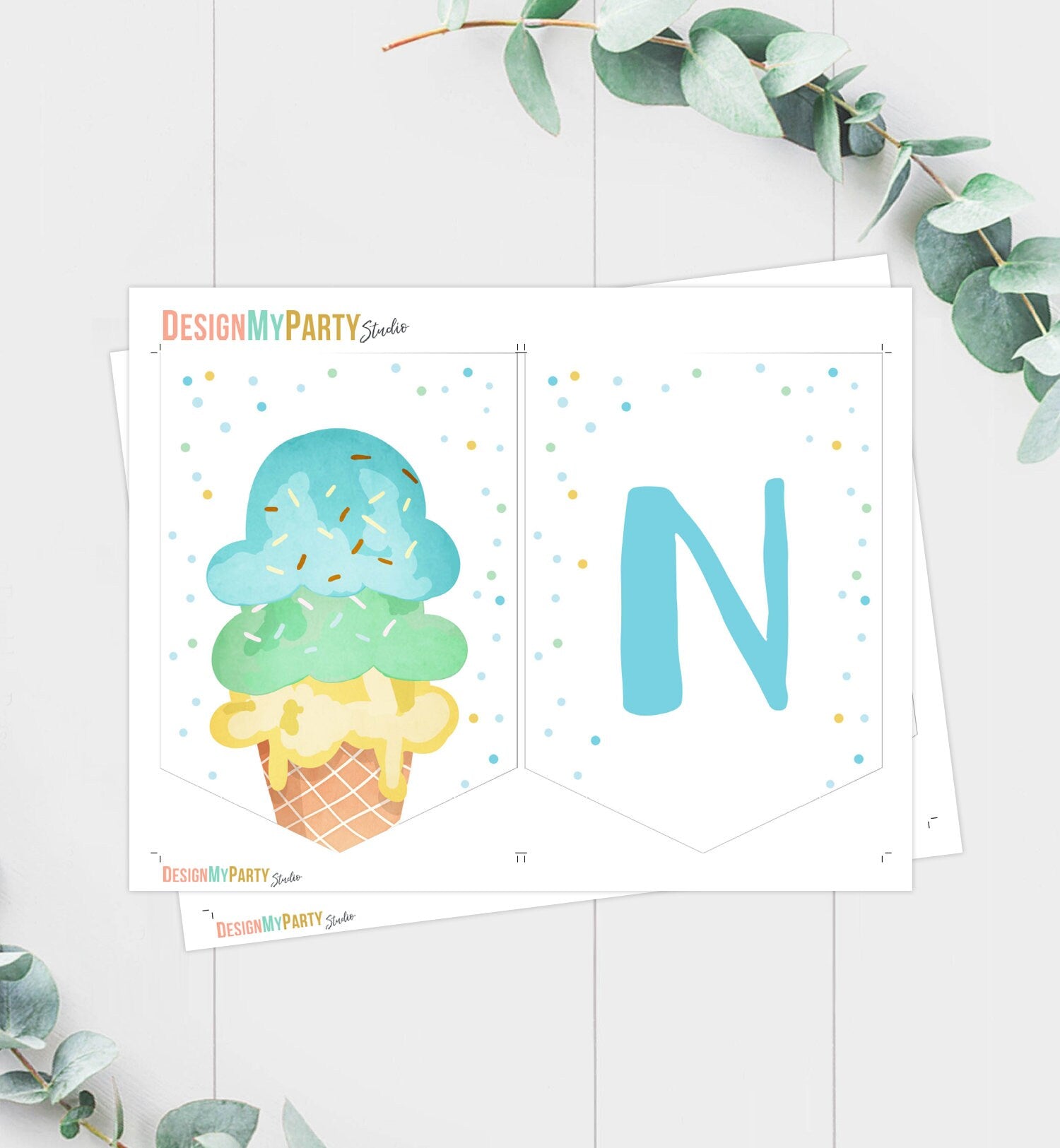 Ice Cream High Chair Banner Blue Mint Boy Ice Cream 1st First Birthday Boy High Chair ONE Banner Party Summer Scoop PRINTABLE Digital 0243