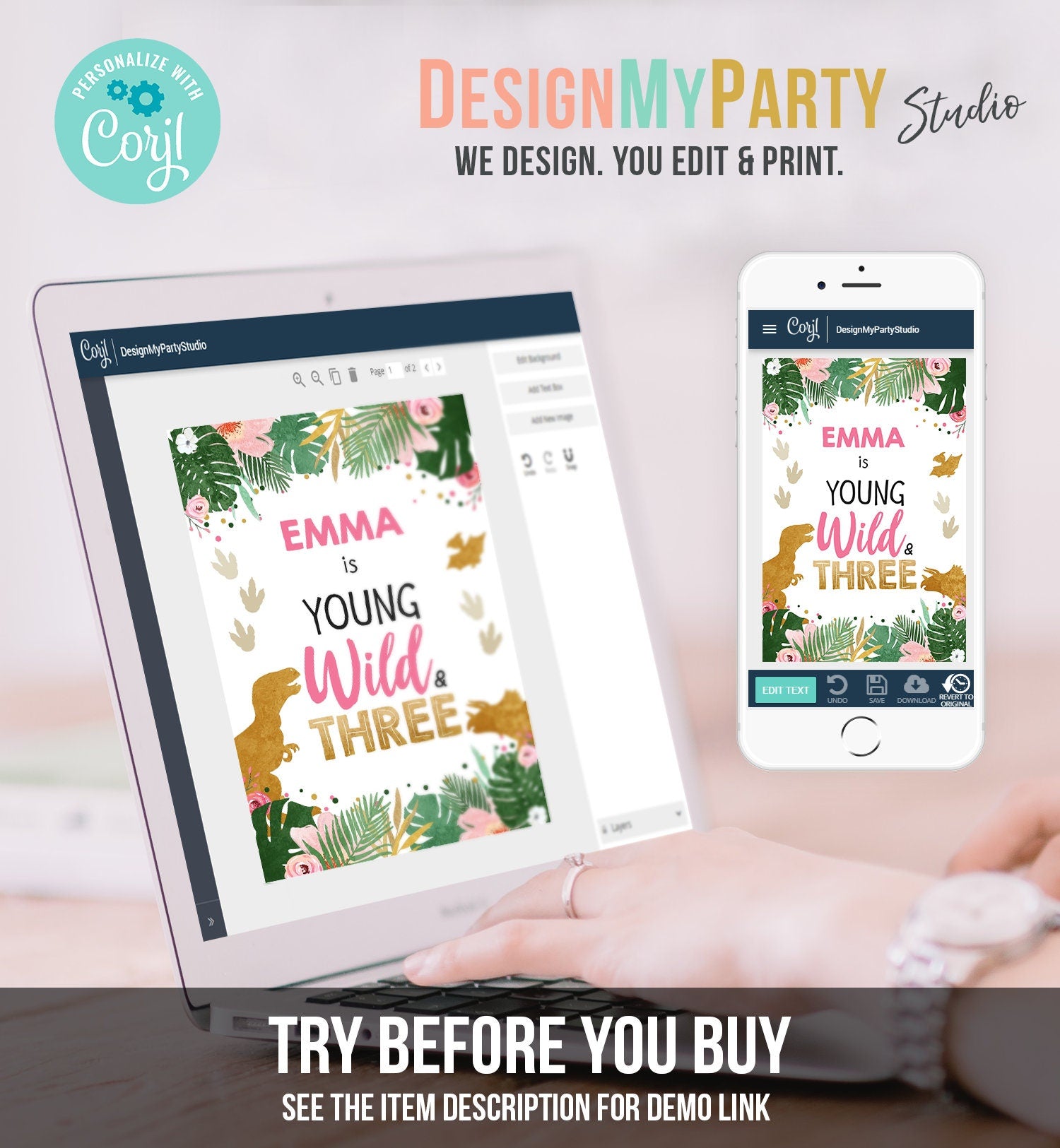 Editable Dinosaur Juice Pouch Label Juice Favors Gold Dino Girl Birthday T-Rex Young Wild Three Digital Download Template Printable 0146