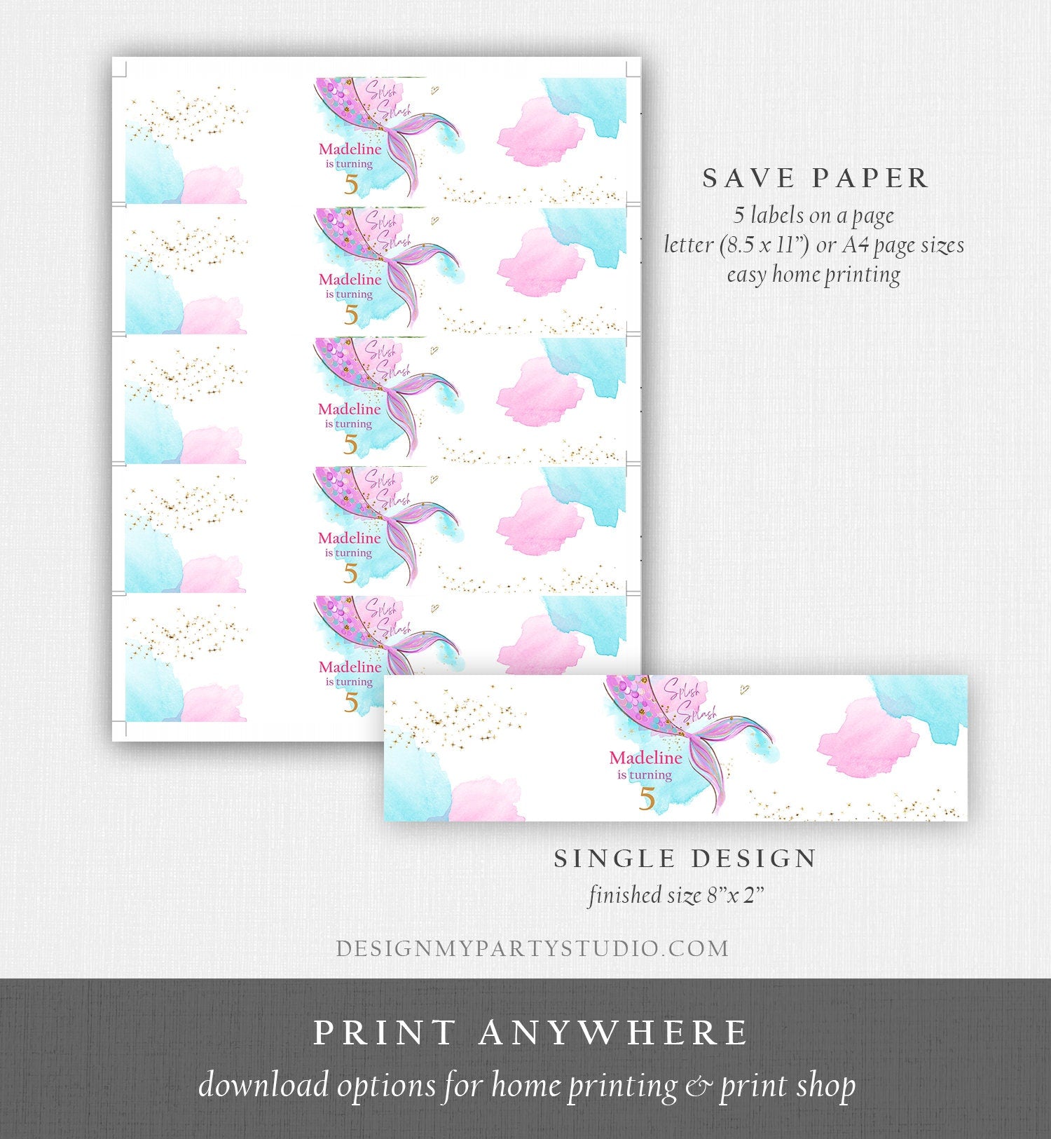 Editable Mermaid Water Bottle Labels Mermaid Tail Birthday Under The Sea Decor Pink Gold Purple Printable Bottle Labels Template Corjl 0403