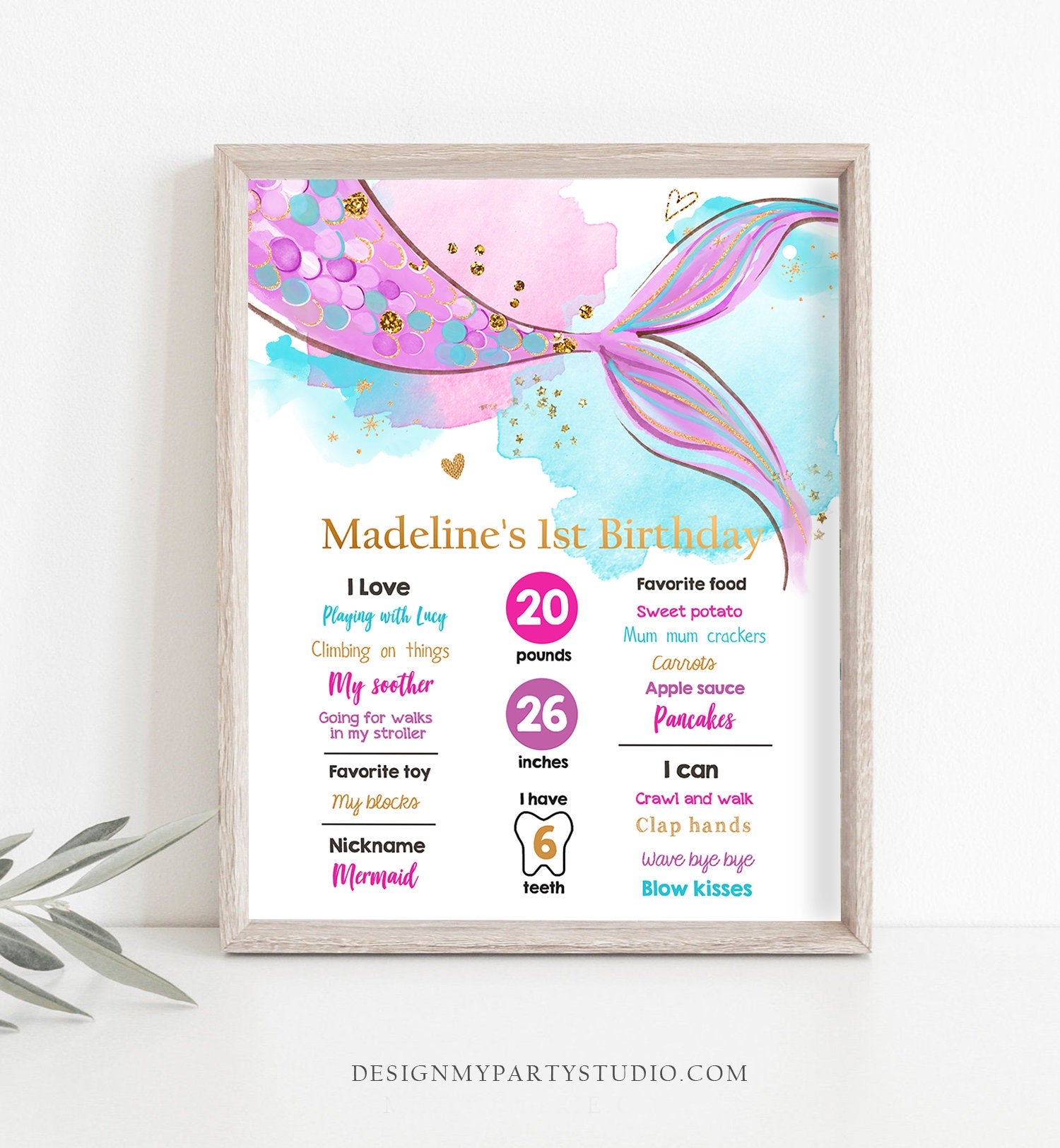 Editable Mermaid Birthday Milestones Sign Mermaid Tail Girl 1st Birthday Under The Sea Pink Purple Gold Digital Template Printable 0403