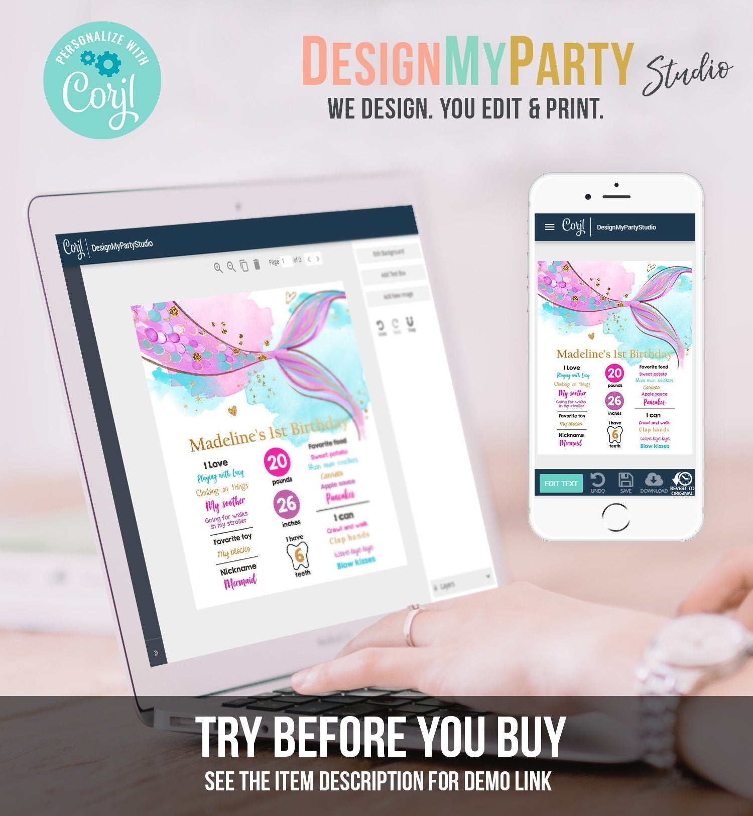 Editable Mermaid Birthday Milestones Sign Mermaid Tail Girl 1st Birthday Under The Sea Pink Purple Gold Digital Template Printable 0403