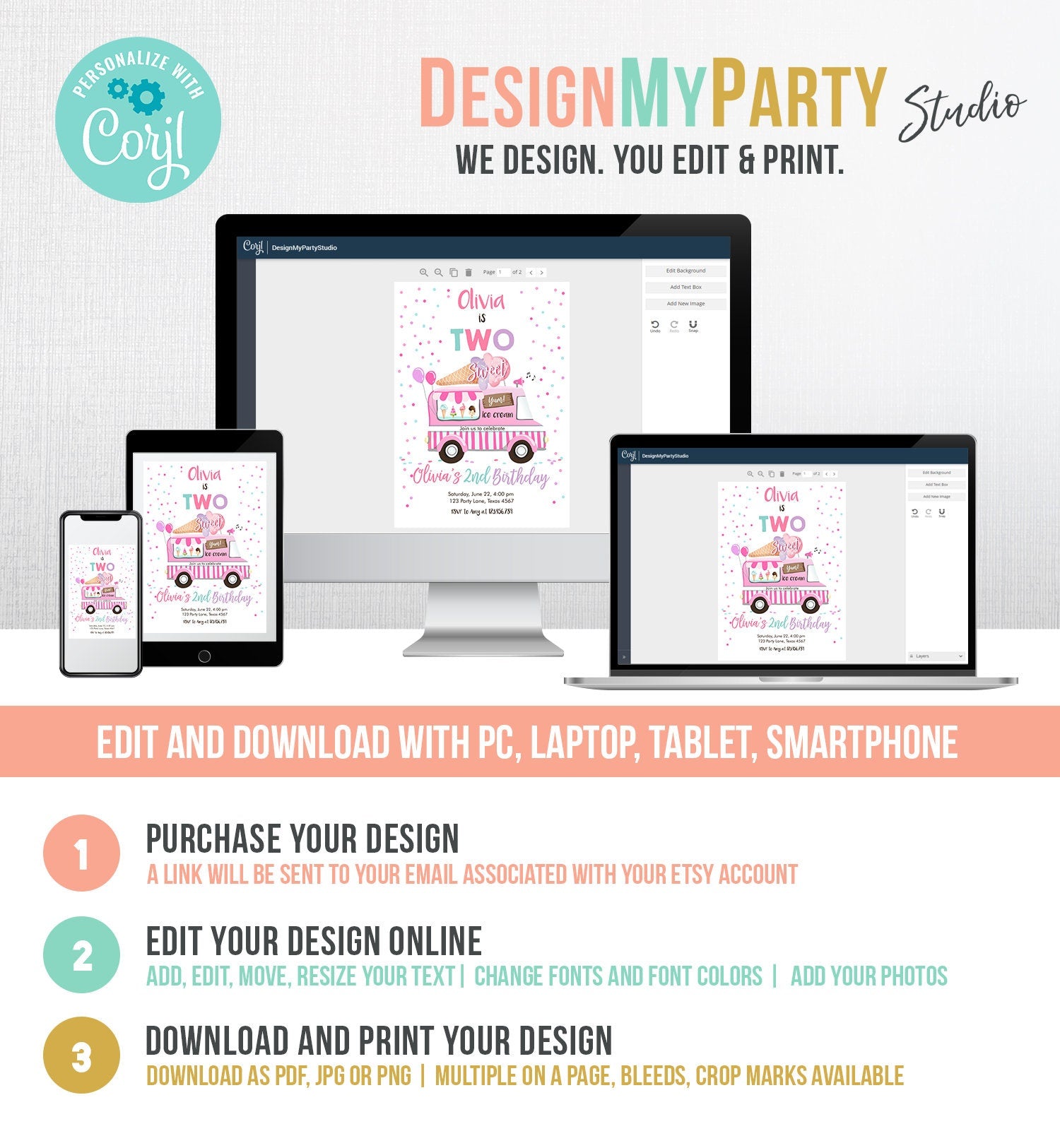 Editable Ice Cream Truck Birthday Invitation Two Sweet Birthday 2nd Second Birthday Party Scoop Pink Girl Digital Template Printable 0243