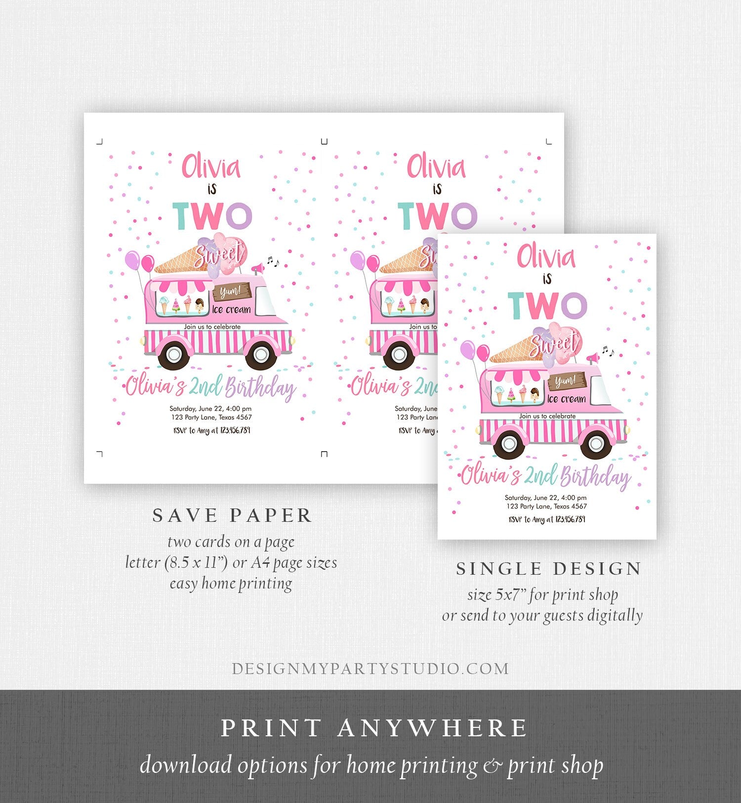 Editable Ice Cream Truck Birthday Invitation Two Sweet Birthday 2nd Second Birthday Party Scoop Pink Girl Digital Template Printable 0243