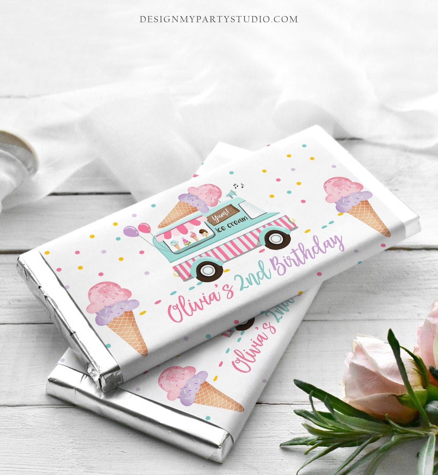 Editable Ice Cream Truck Candy Bar Wrapper Ice Cream Birthday Chocolate Bar Labels Ice Cream Party Download Corjl Template Printable 0243