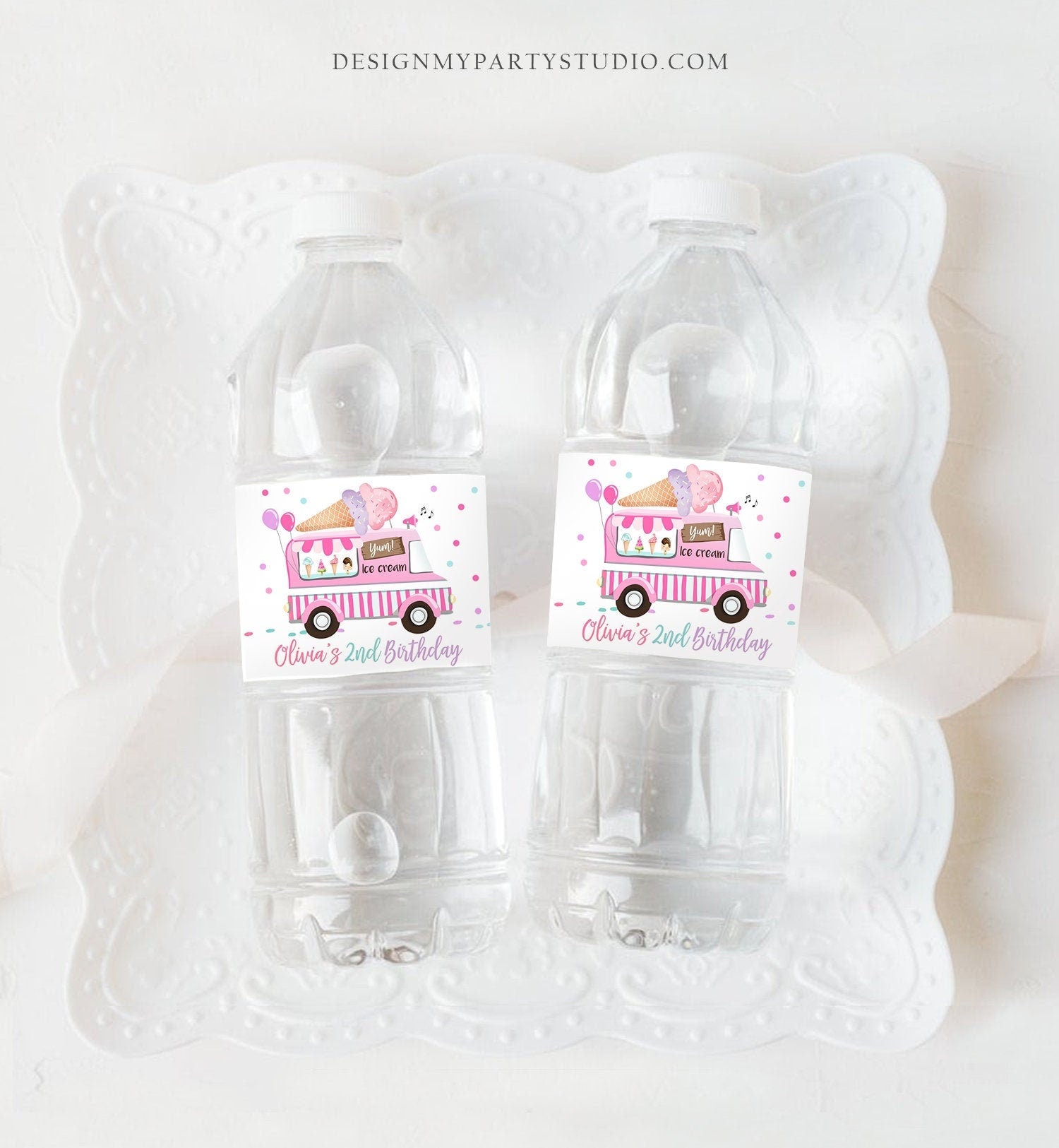Editable Ice Cream Truck Water Bottle Labels Ice Cream Birthday Decor Sweet One Two Sweet Scoop Printable Bottle Label Template Corjl 0243