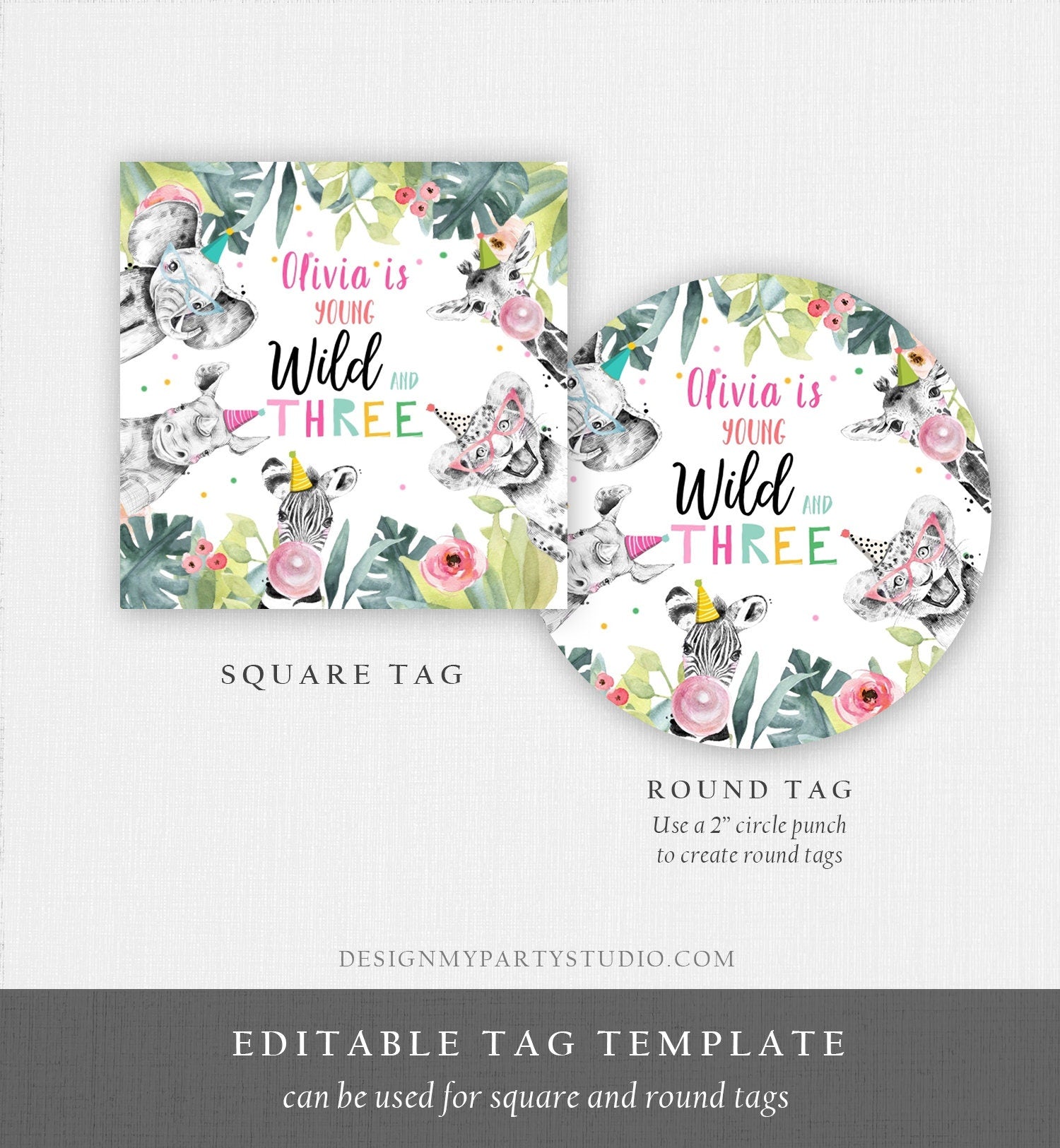 Editable Party Animals Young Wild and Three Favor tags 3rd Birthday Safari Animals Zoo Birthday Wild Time Stickers Zoo Template Corjl 0322