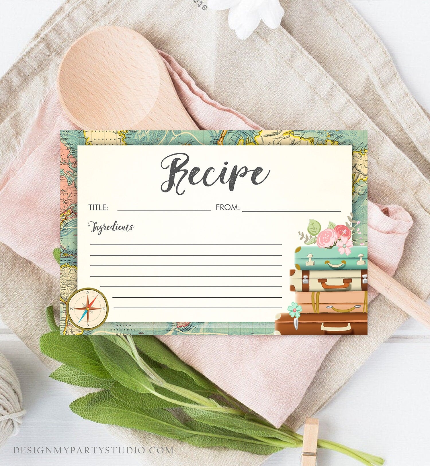 Editable Travel Recipe Cards Baby Bridal Shower Adventure World Map Suitcases Floral Advice Wedding Download Corjl Template Printable 0044