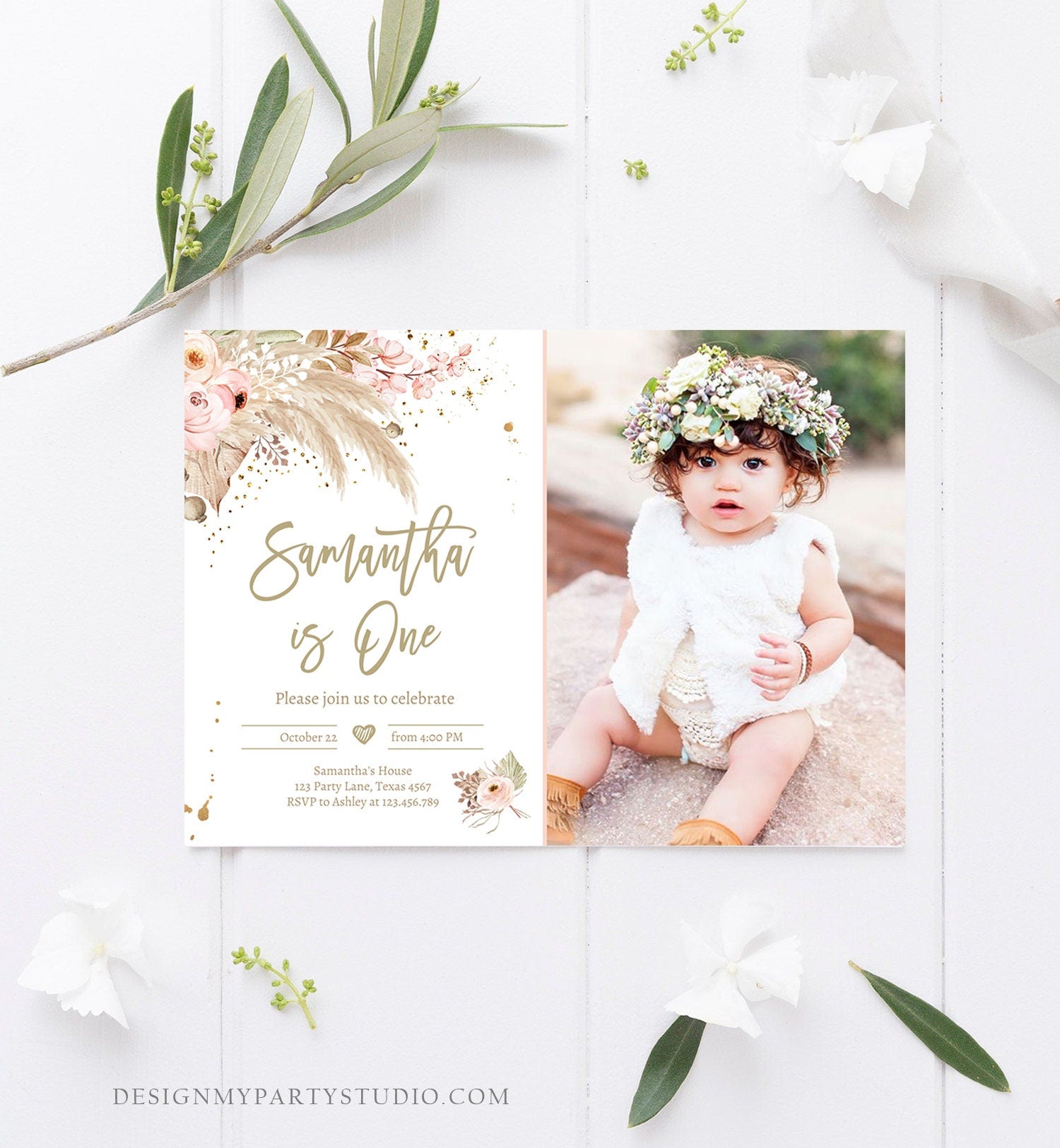 Editable Pampas Grass Birthday Invitation Boho Birthday Invite Bohemian Girl Muted Rustic Download Printable Invitation Template Evite 0395