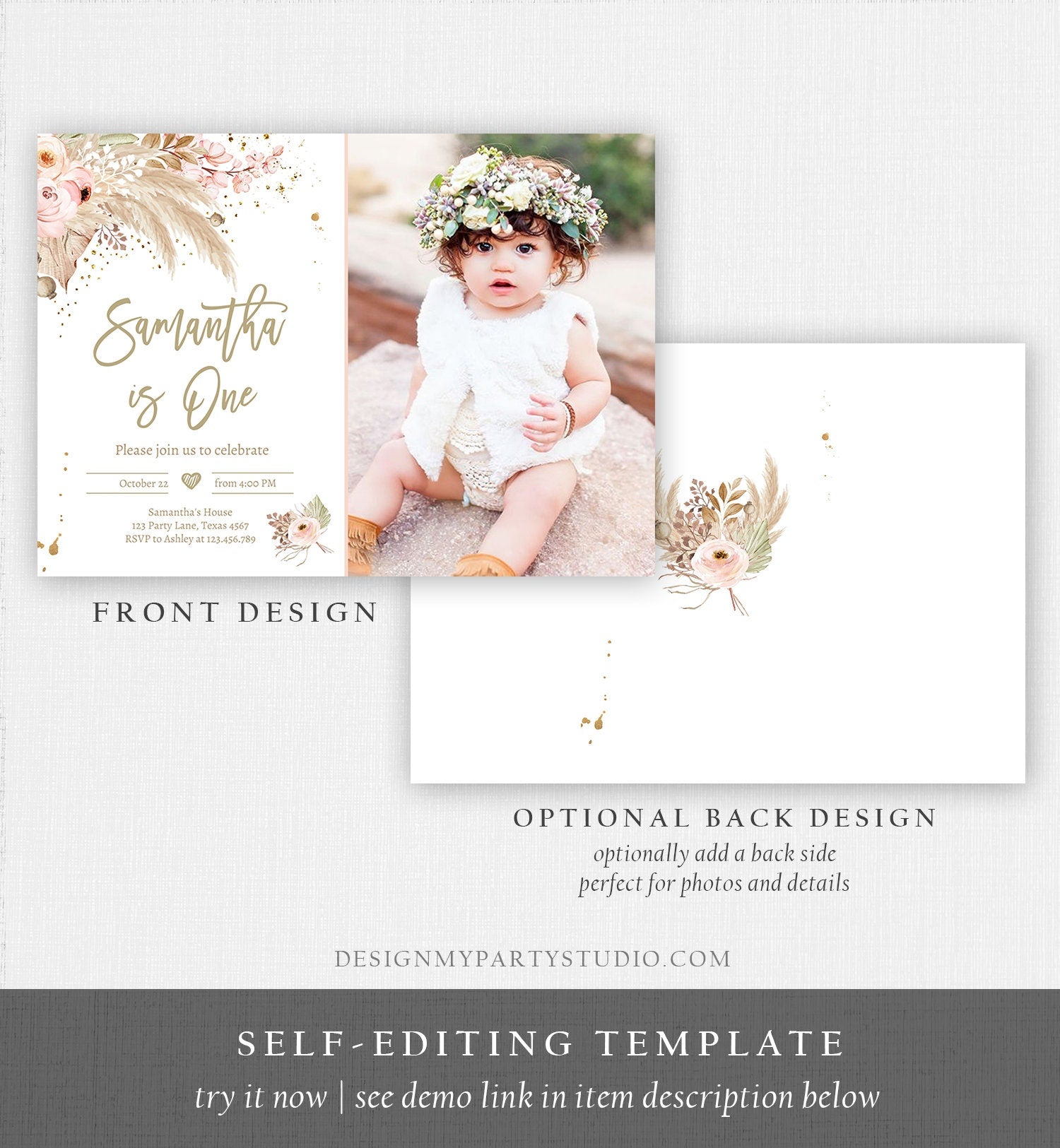 Editable Pampas Grass Birthday Invitation Boho Birthday Invite Bohemian Girl Muted Rustic Download Printable Invitation Template Evite 0395