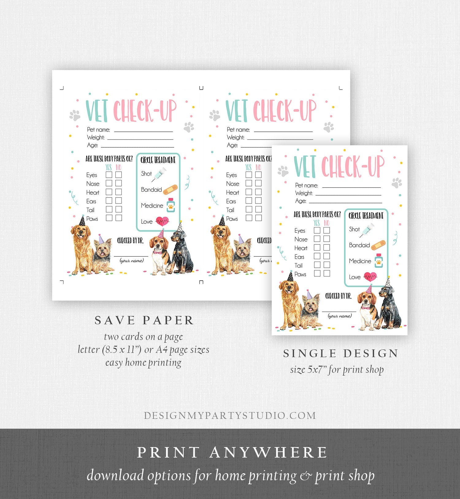 Vet Check Up Exam Sheet Pet Check-Up Dog Birthday Party Puppy Party Hospital Puppy Adoption Adopt a Pet Girl Pink Digital Printable 0384