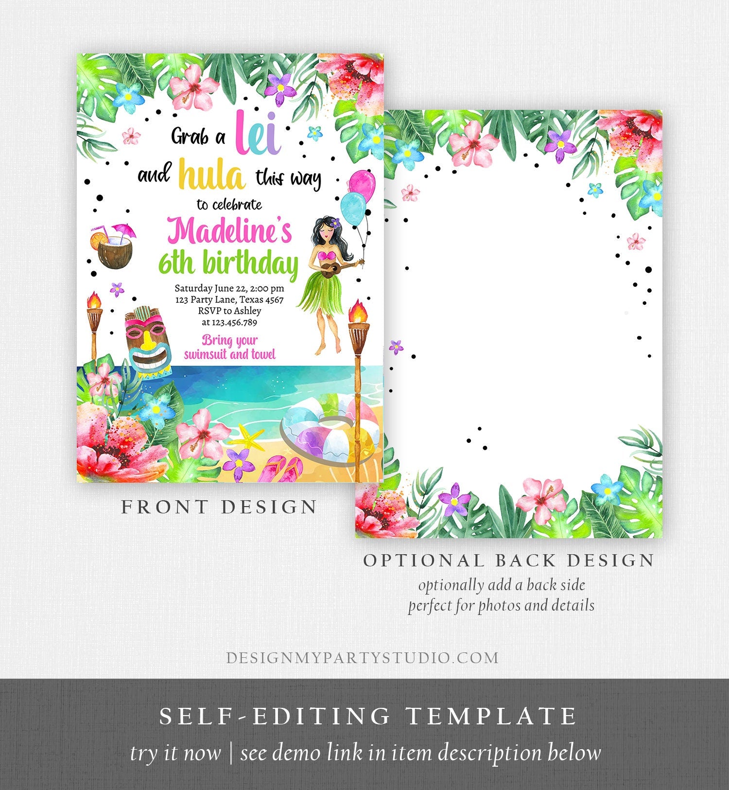 Editable Hawaiian Luau Birthday Invitation Tropical Pool Party Luau Party Hawaiian Hawaii Digital Download Evite Template Printable 0412