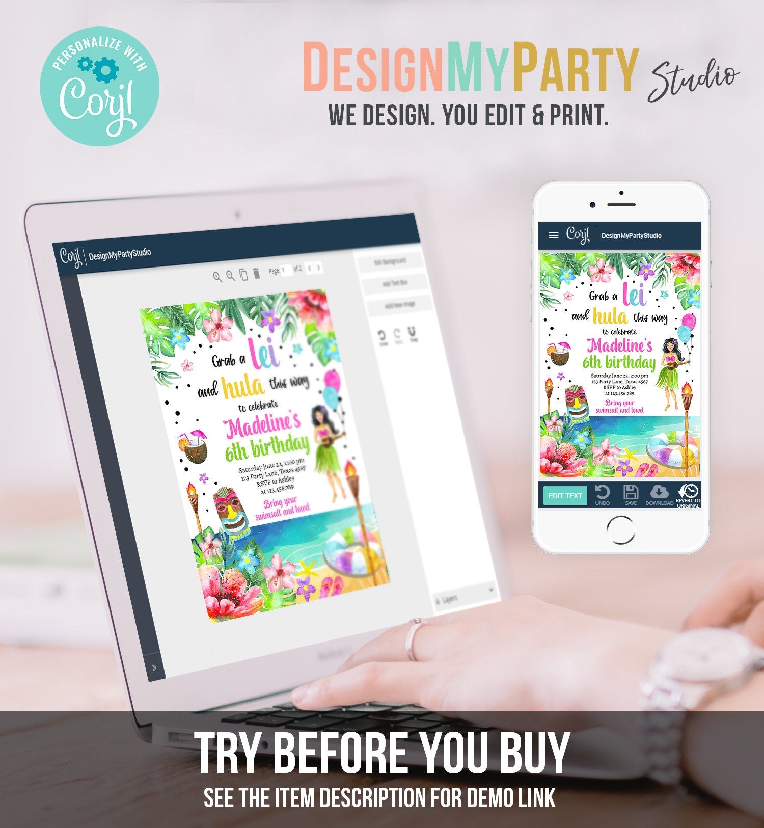 Editable Hawaiian Luau Birthday Invitation Tropical Pool Party Luau Party Hawaiian Hawaii Digital Download Evite Template Printable 0412