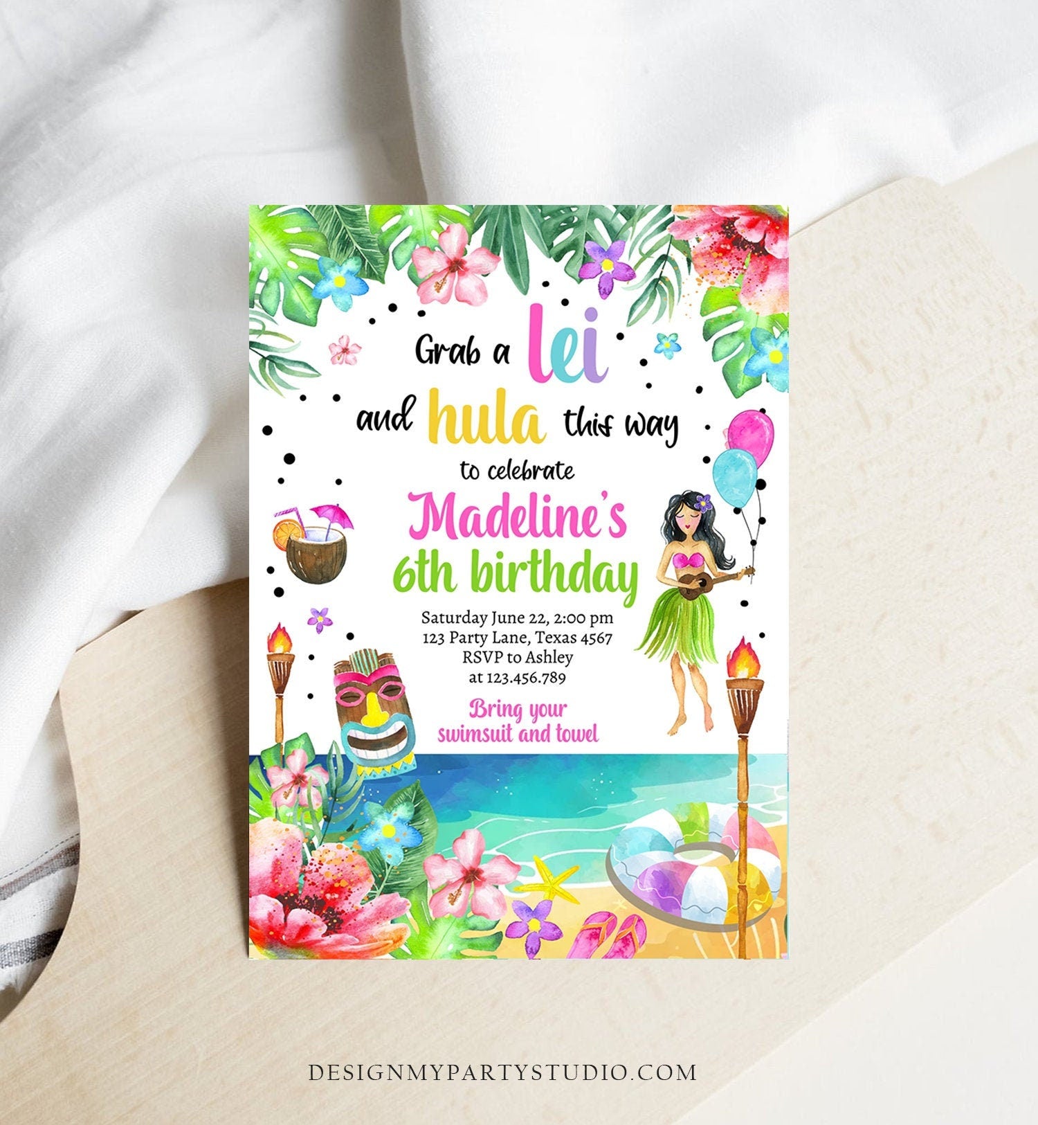 Editable Hawaiian Luau Birthday Invitation Tropical Pool Party Luau Party Hawaiian Hawaii Digital Download Evite Template Printable 0412