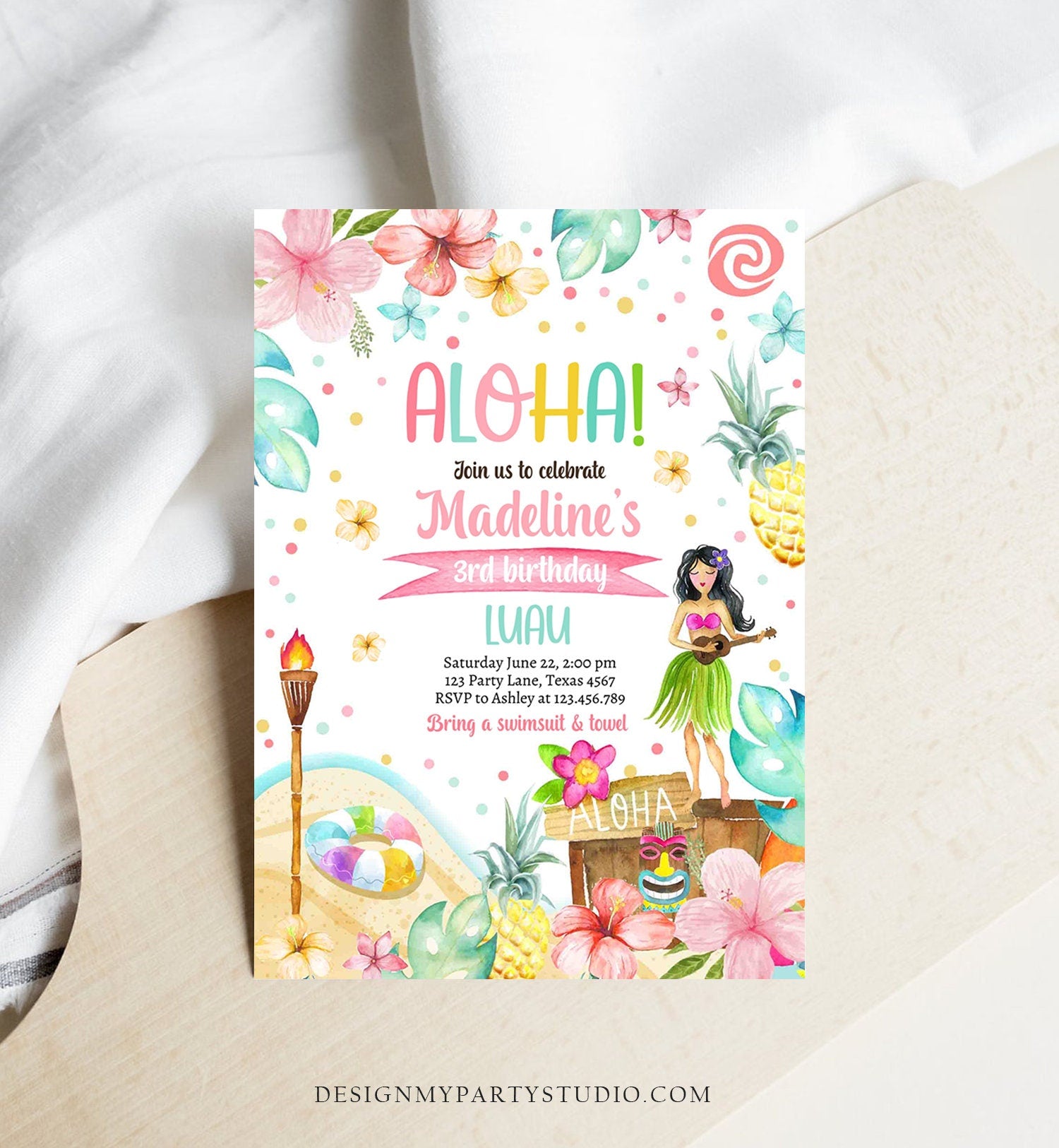 Editable Hawaiian Luau Birthday Invitation Tropical Pool Party Luau Party Hawaiian Birthday Aloha Digital Download Template Printable 0413