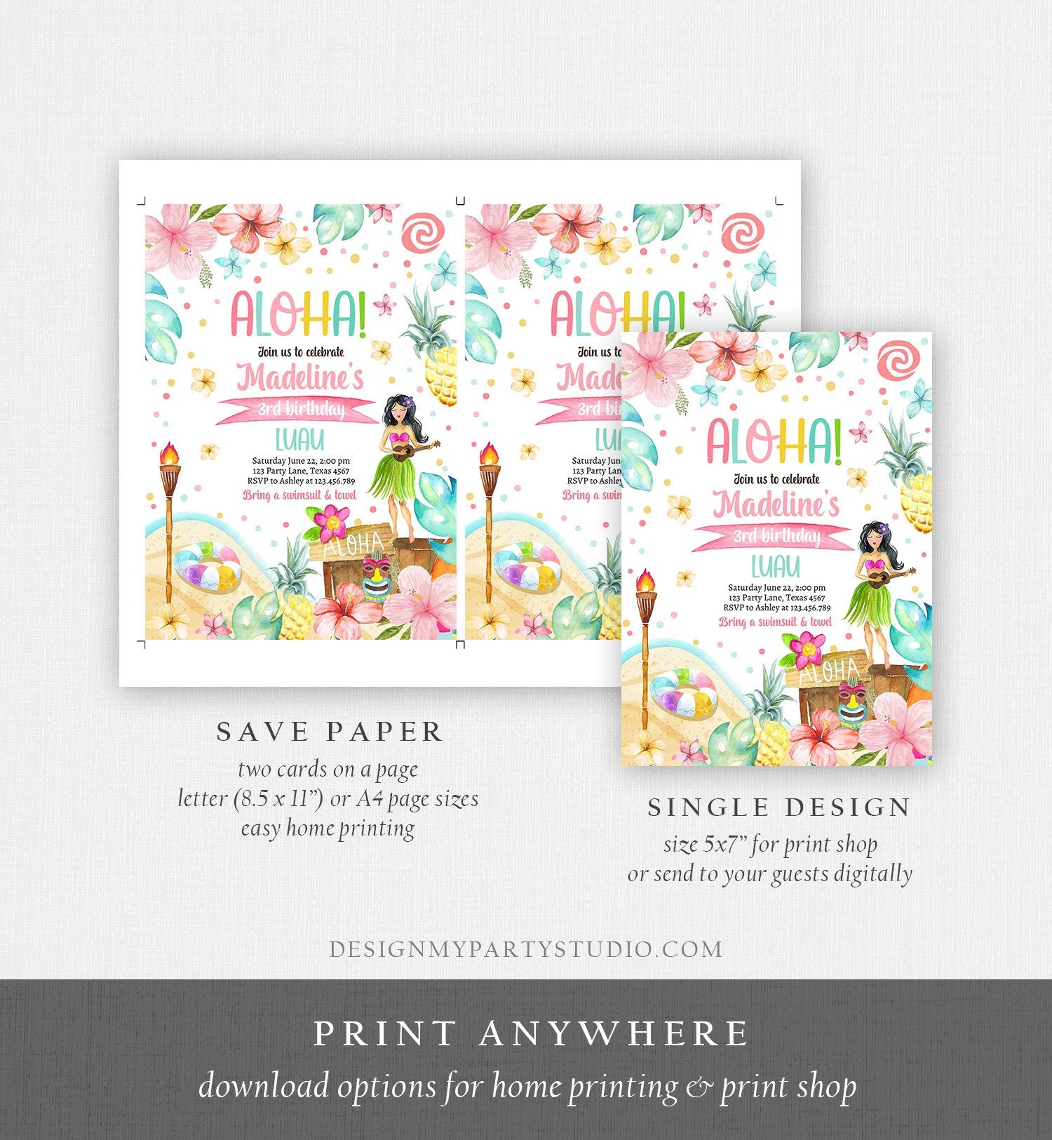 Editable Hawaiian Luau Birthday Invitation Tropical Pool Party Luau Party Hawaiian Birthday Aloha Digital Download Template Printable 0413