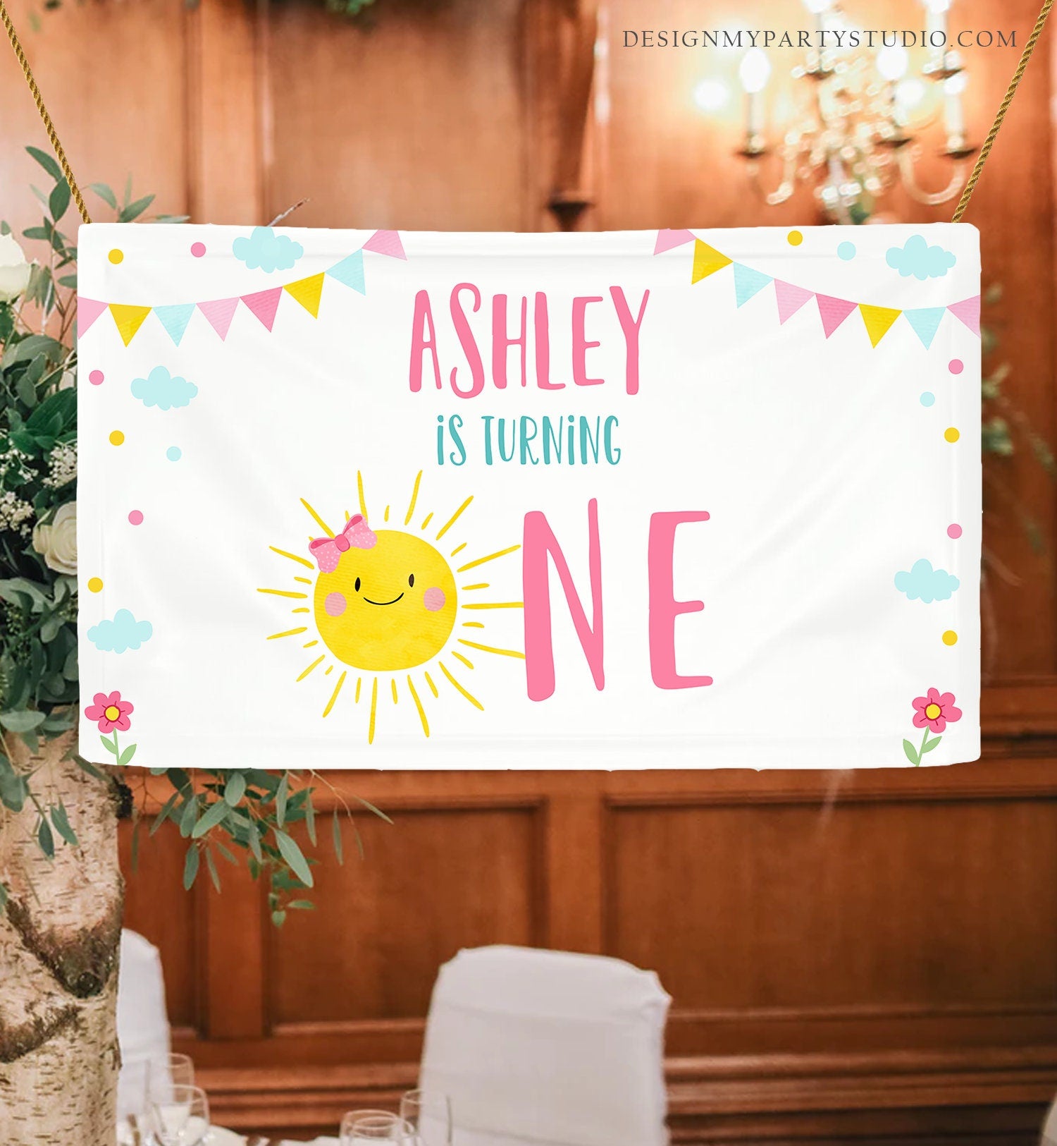 Editable Little Sunshine Birthday Backdrop Banner Pink Girl First Birthday Sign Welcome Sign Digital Download Template Printable 0141