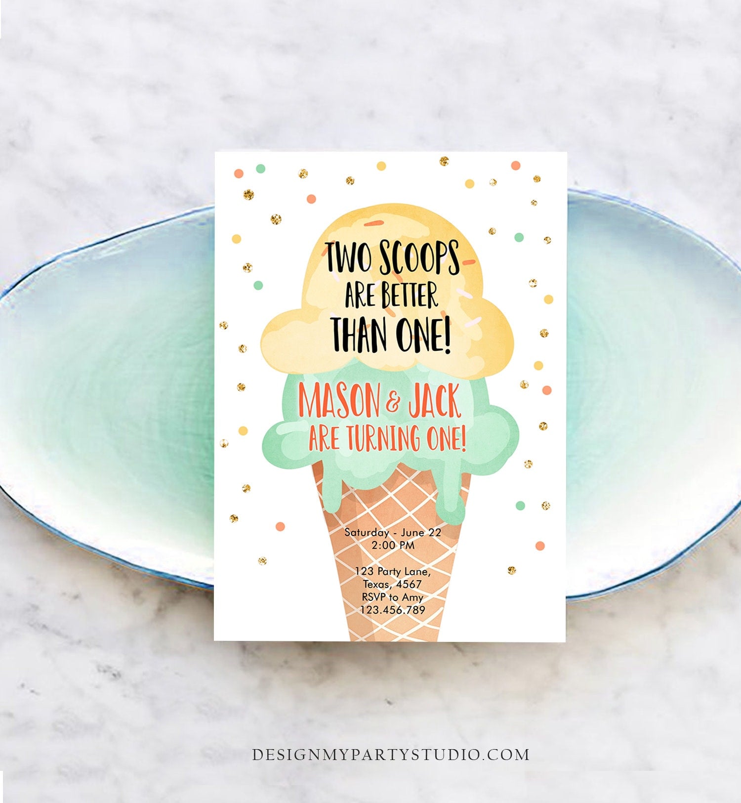Editable Twin Ice Cream Birthday Invitation First Birthday Two is Better Than One Yellow Mint Gold Boy Digital Template Printable 0243
