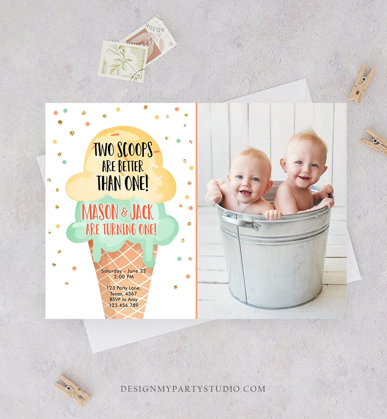 Editable Twin Ice Cream Birthday Invitation First Birthday Two is Better Than One Yellow Mint Gold Boy Digital Template Printable 0243