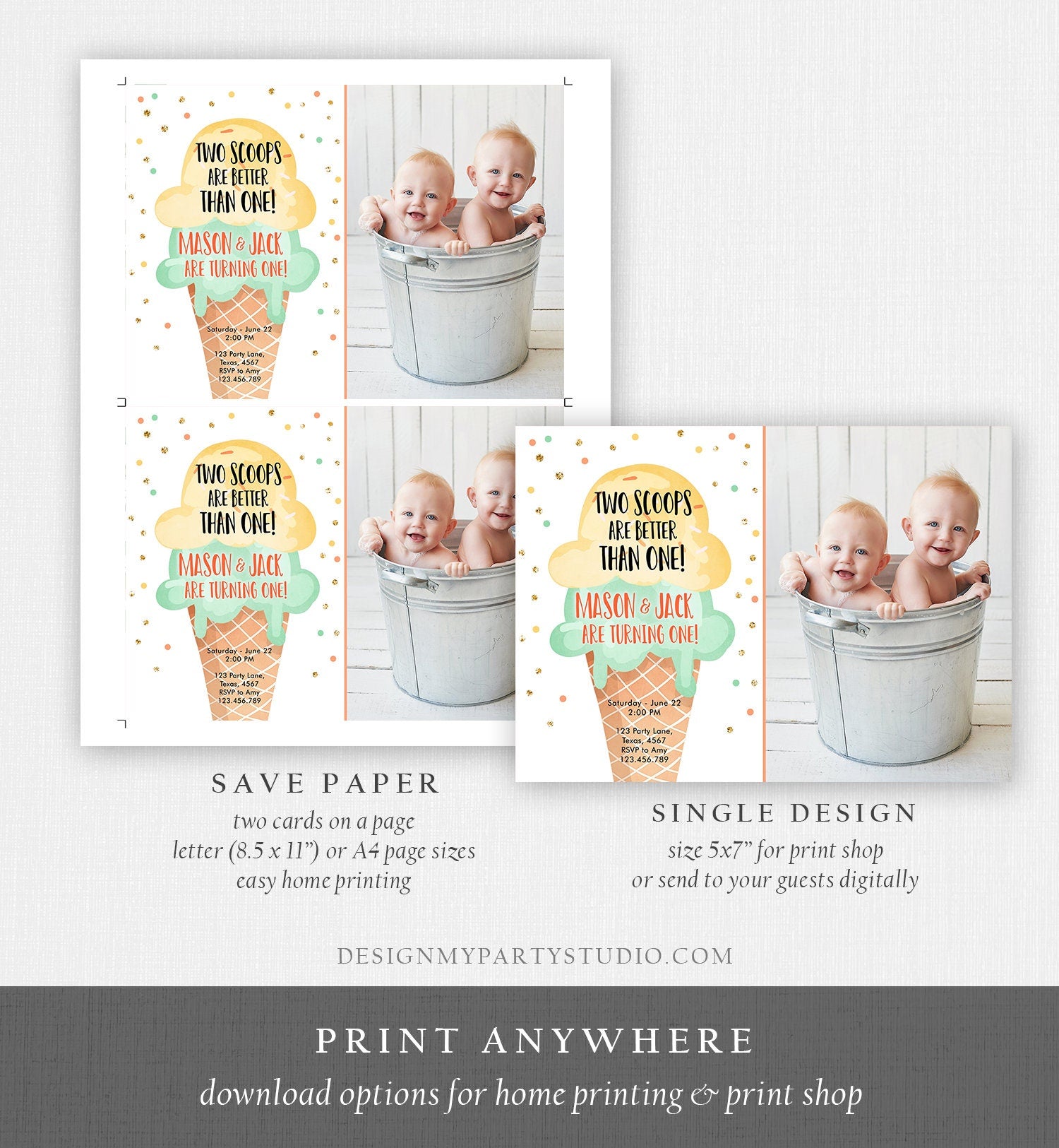 Editable Twin Ice Cream Birthday Invitation First Birthday Two is Better Than One Yellow Mint Gold Boy Digital Template Printable 0243