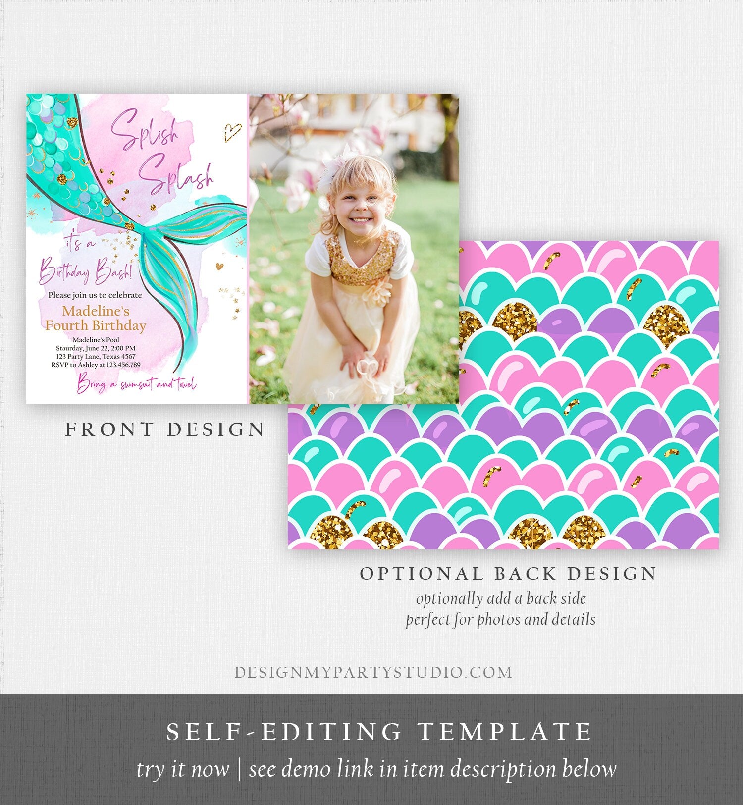 Editable Mermaid Birthday Party Invitation Girl Pink Teal Gold Mermaid Birthday Under The Sea Download Printable Template Corjl 0403