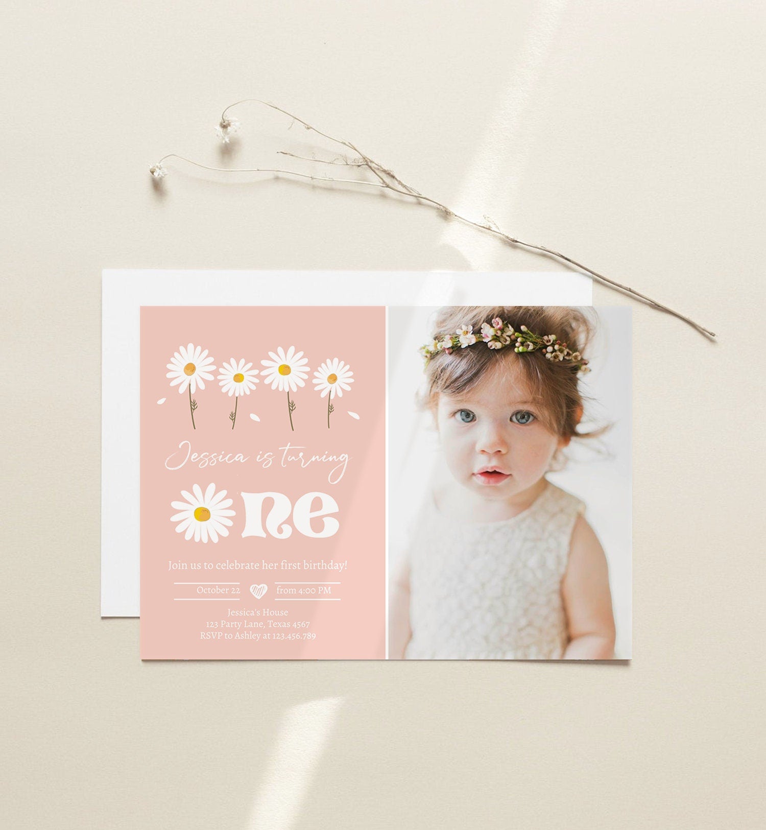 Editable Daisy Birthday Party Invitation 1st Birthday One Party Bohemian Girl Boho Pink First Download Printable Template Corjl Digital 0410