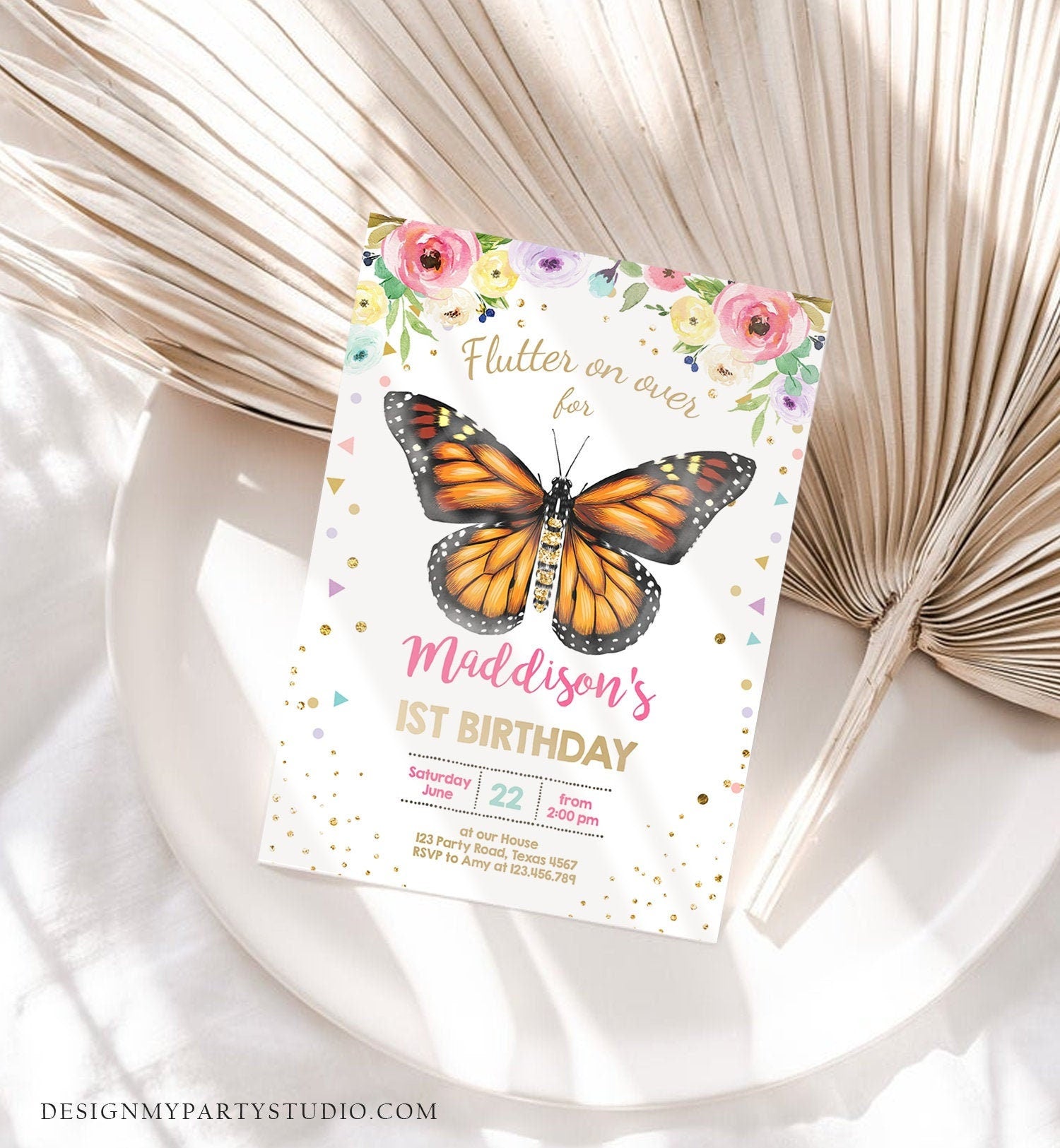 Editable Butterfly Birthday Invitation Monarch Butterfly Garden Party Floral Flowers Pink Gold Girl Download Printable Template Corjl 0162