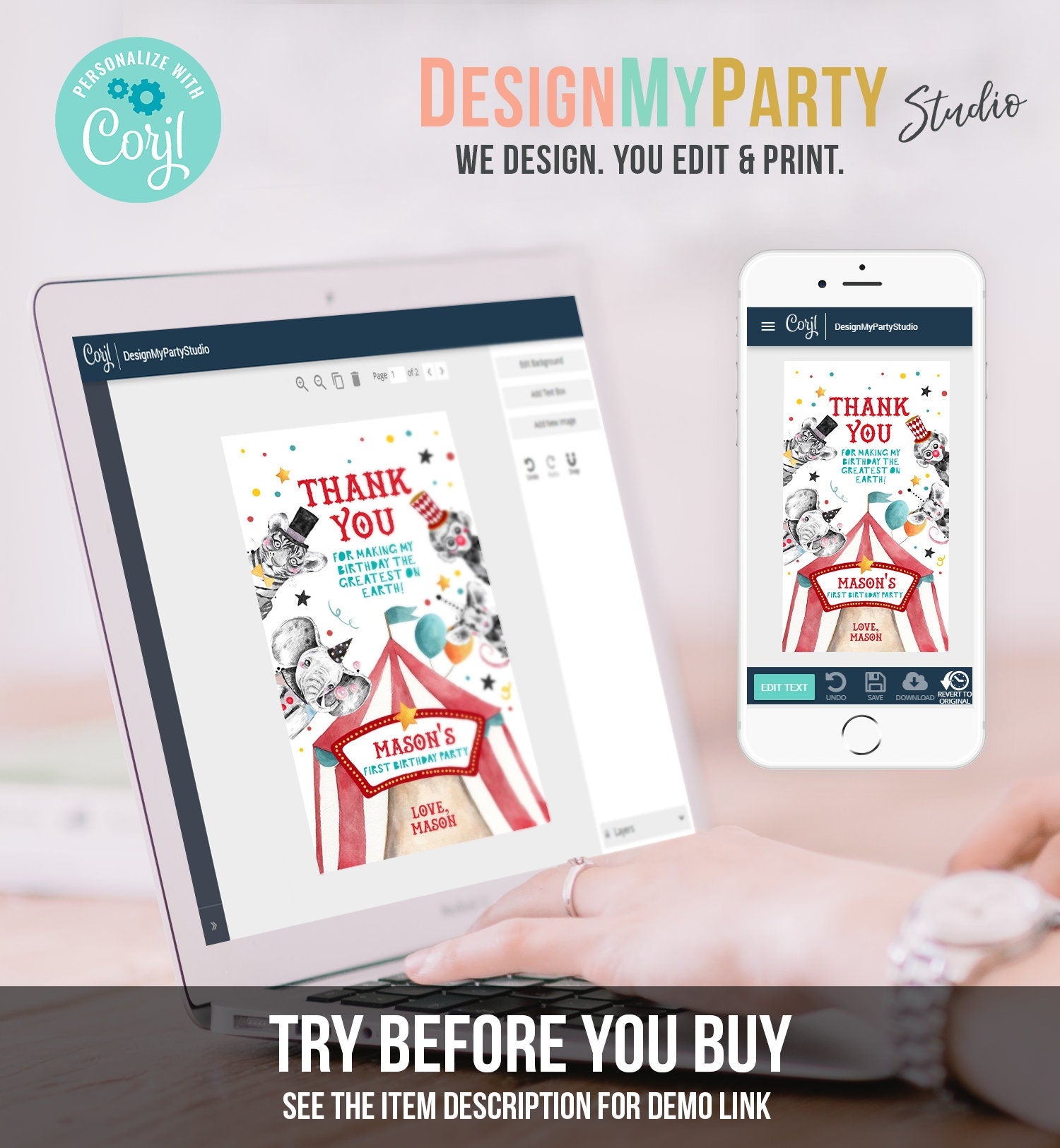 Editable Circus Favor Tag Carnival Festival Birthday Thank You Boy Vintage Label Animals Party Digital Download Template Printable 0355