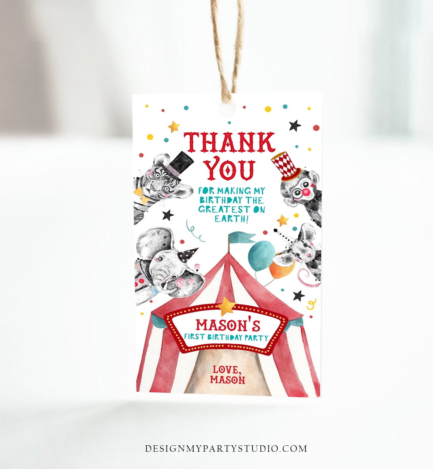 Editable Circus Favor Tag Carnival Festival Birthday Thank You Boy Vintage Label Animals Party Digital Download Template Printable 0355