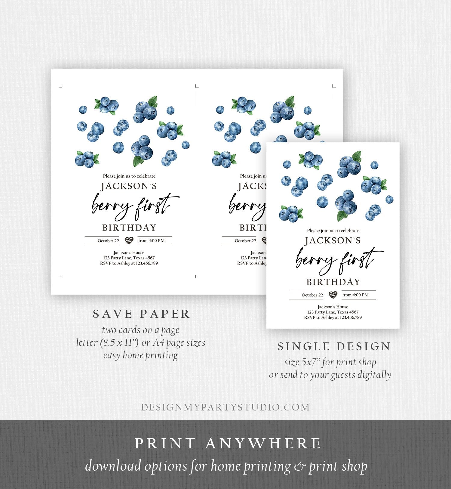 Editable Blueberry Birthday Invitation First Birthday Berry Sweet Boy Cute Blueberries 1st Digital Download Evite Template Printable 0399