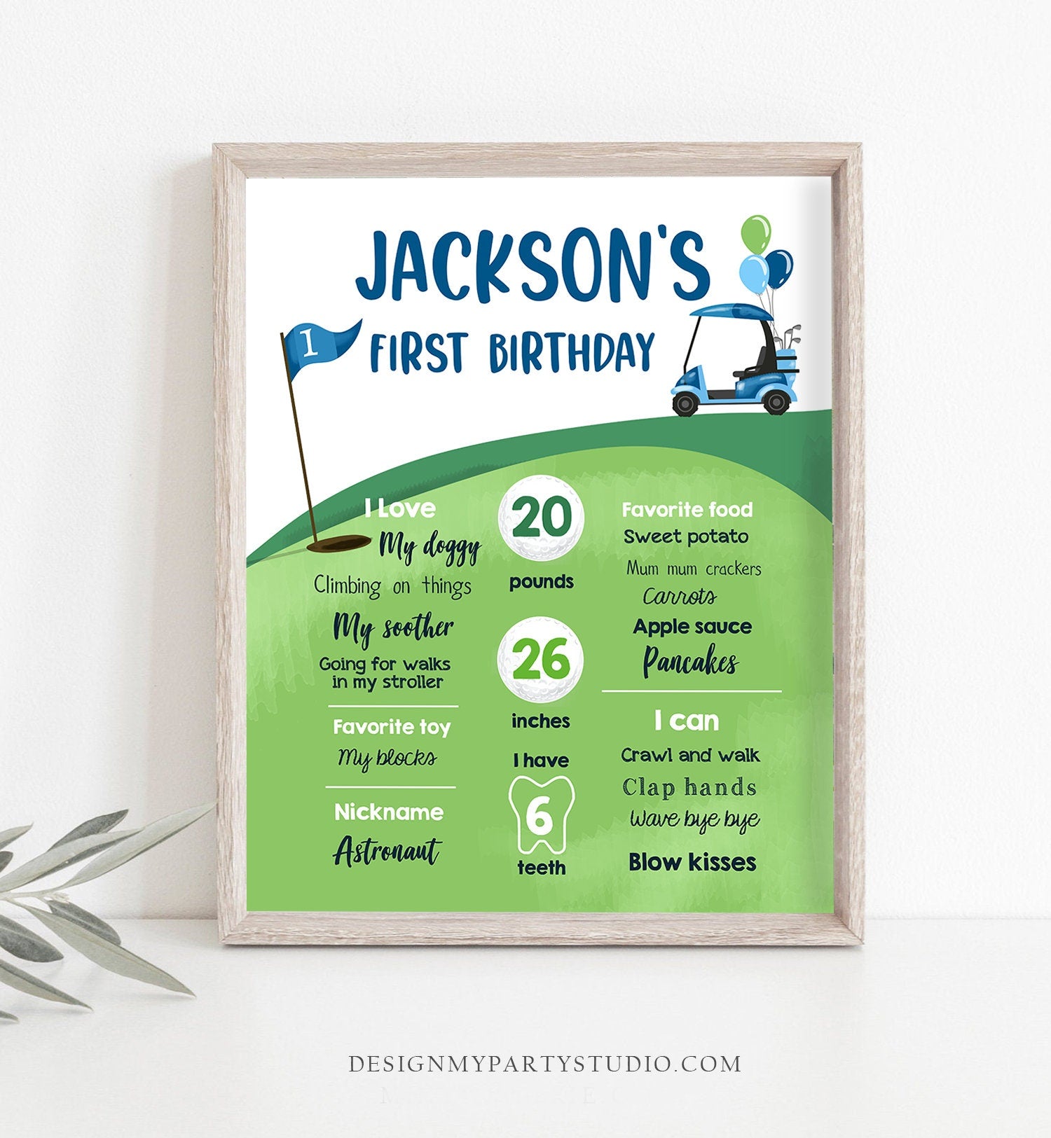 Editable Golf Birthday Milestones Sign Hole in One Golf First Birthday Boy 1st Golf Court Golf Party Decor Template Printable Corjl 0405