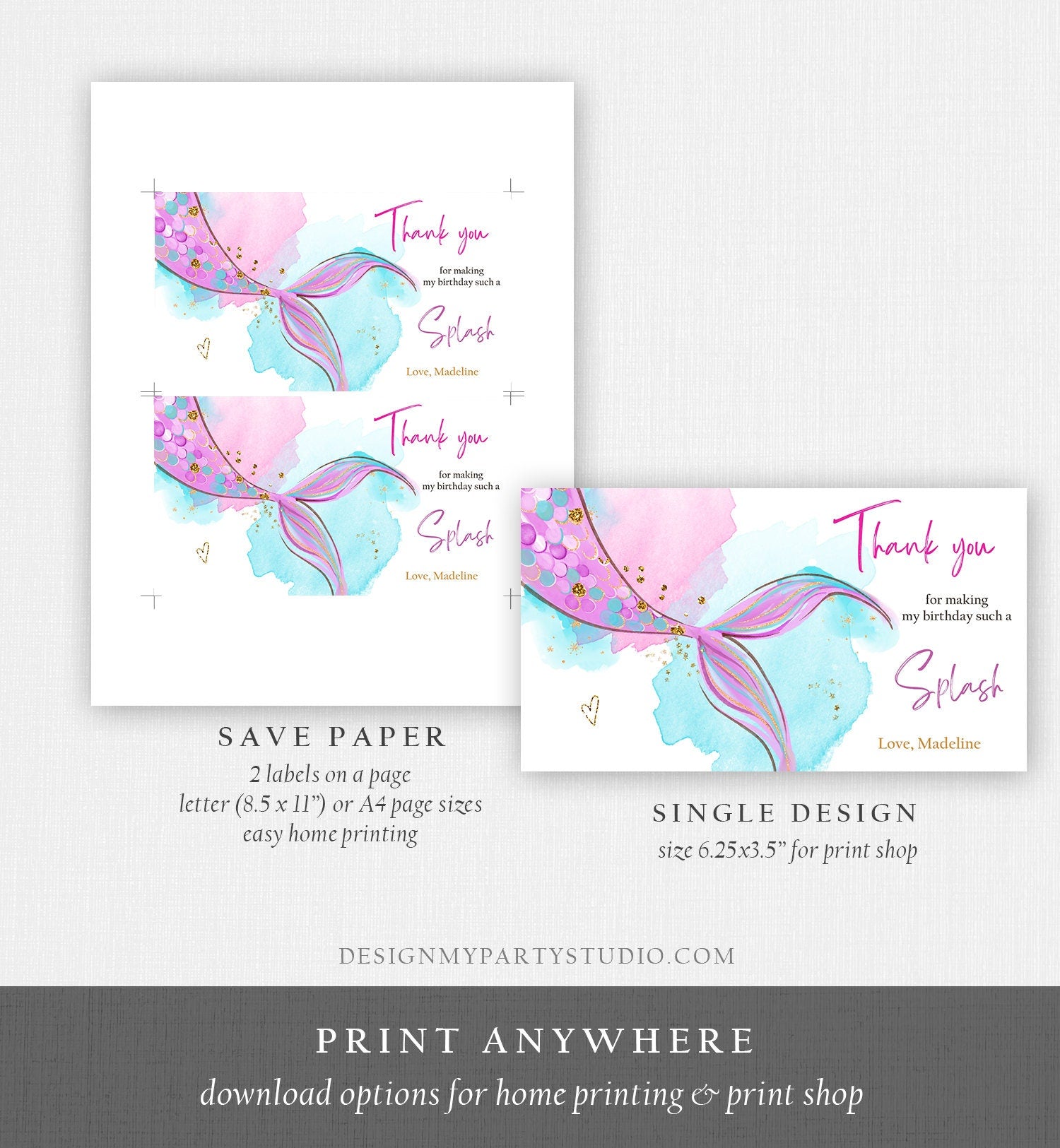 Mermaid Gable Gift Box Label Pink Mermaid Birthday Girl Favor Box Label Under The Sea Pink Purple Digital Download Template Printable 0403