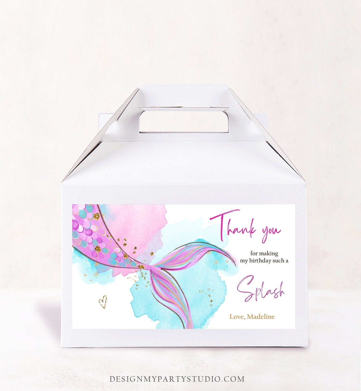 Mermaid Gable Gift Box Label Pink Mermaid Birthday Girl Favor Box Label Under The Sea Pink Purple Digital Download Template Printable 0403