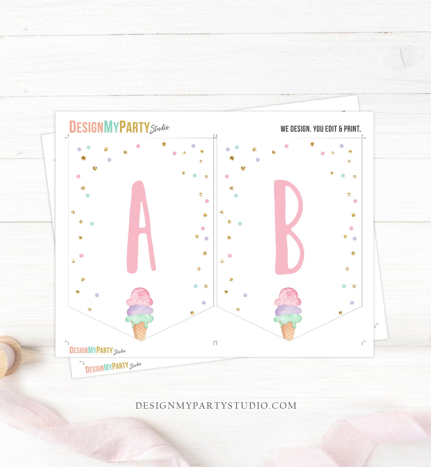 Ice Cream Birthday Banner A-Z Alphabet Numbers Banner First Happy Birthday Banner Girl Pink Gold Two Sweet Confetti Decor Printable 0243