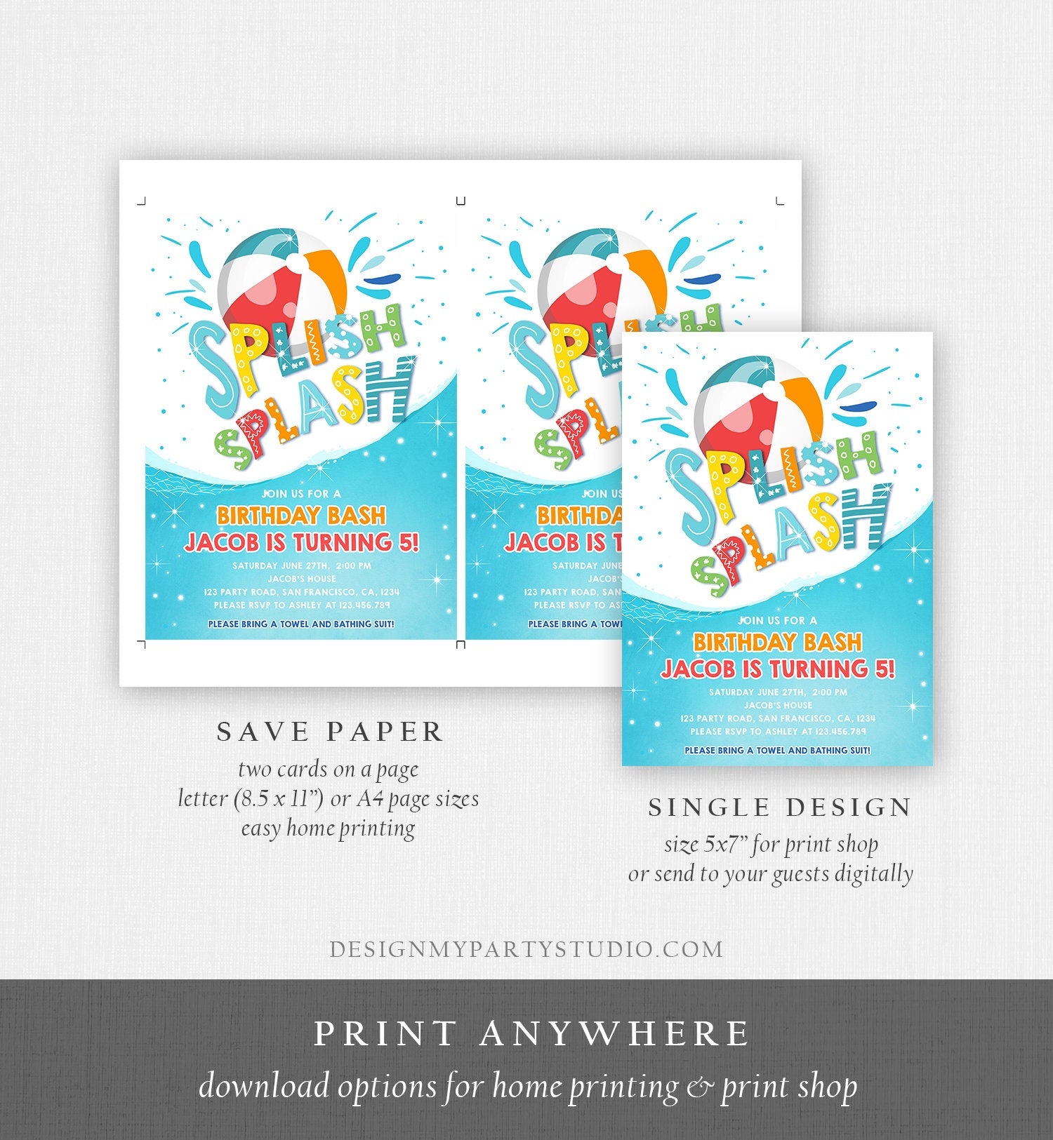 Editable Splish Splash Birthday Invitation Pool Party Boy Beach Ball Blue Green Birthday Bash Digital Download Template Printable 0169